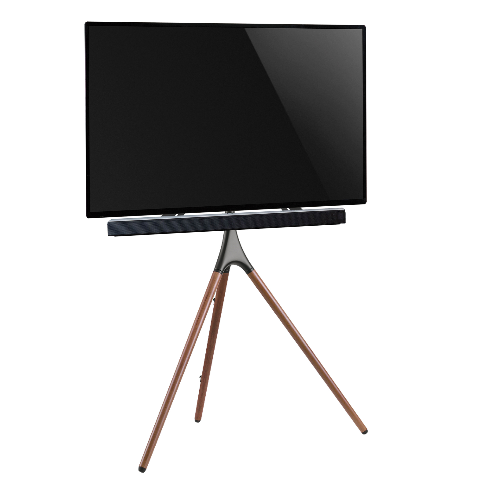 Fernseher auf einem Holzstativ mit einer Soundbar darunter.