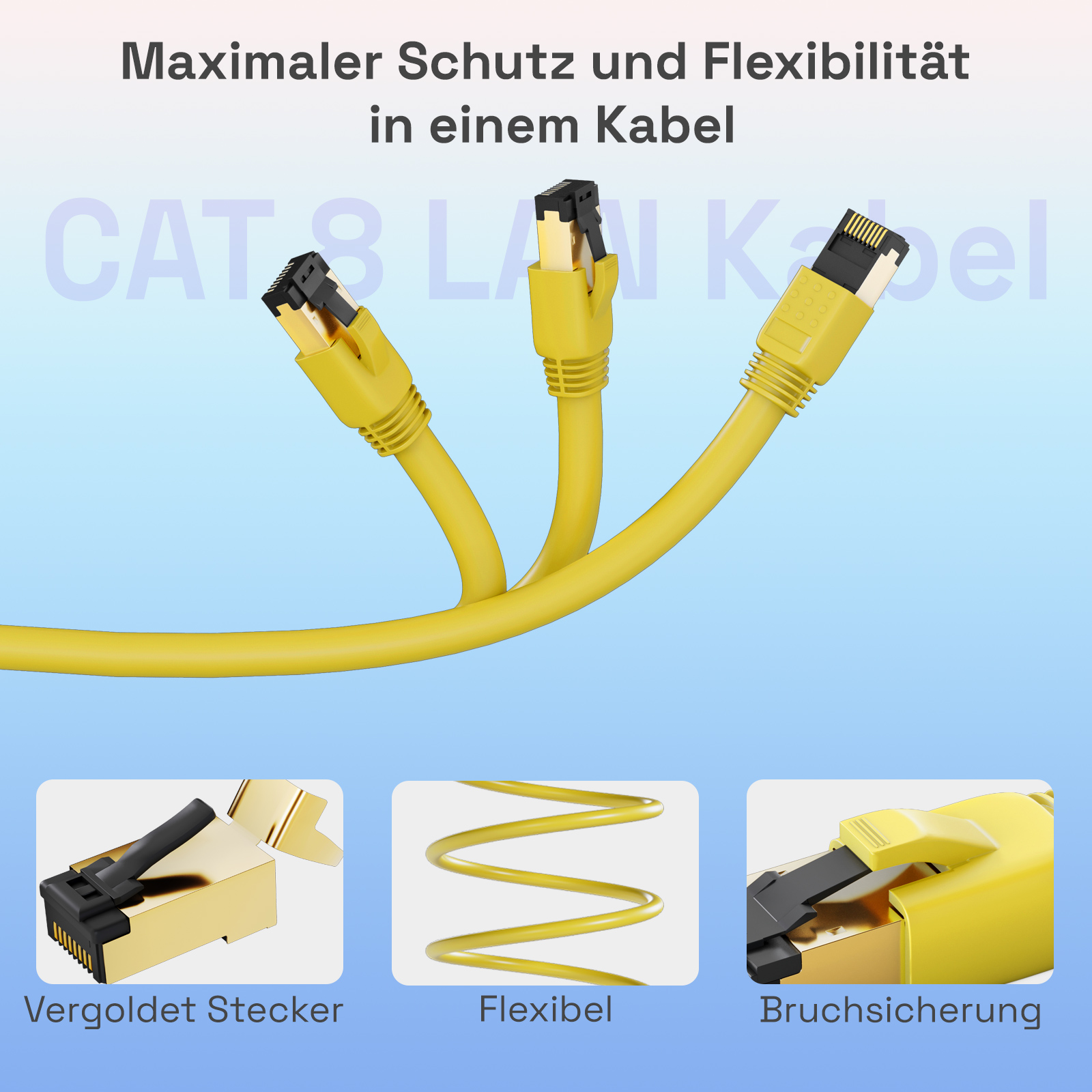 Gelbe LAN-Kabel mit Goldsteckern und Text über Schutz und Flexibilität. Drei Kabel sind abgebildet.