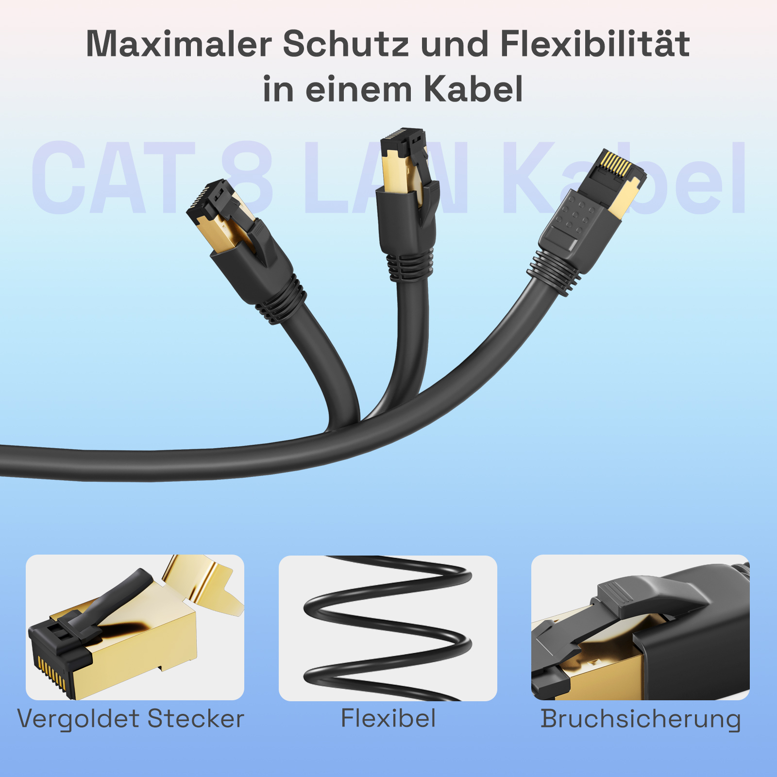 Drei schwarze CAT 8 LAN-Kabel mit vergoldeten Steckern. Die Kabel sind flexibel und verfügen über eine Zugentlastung.