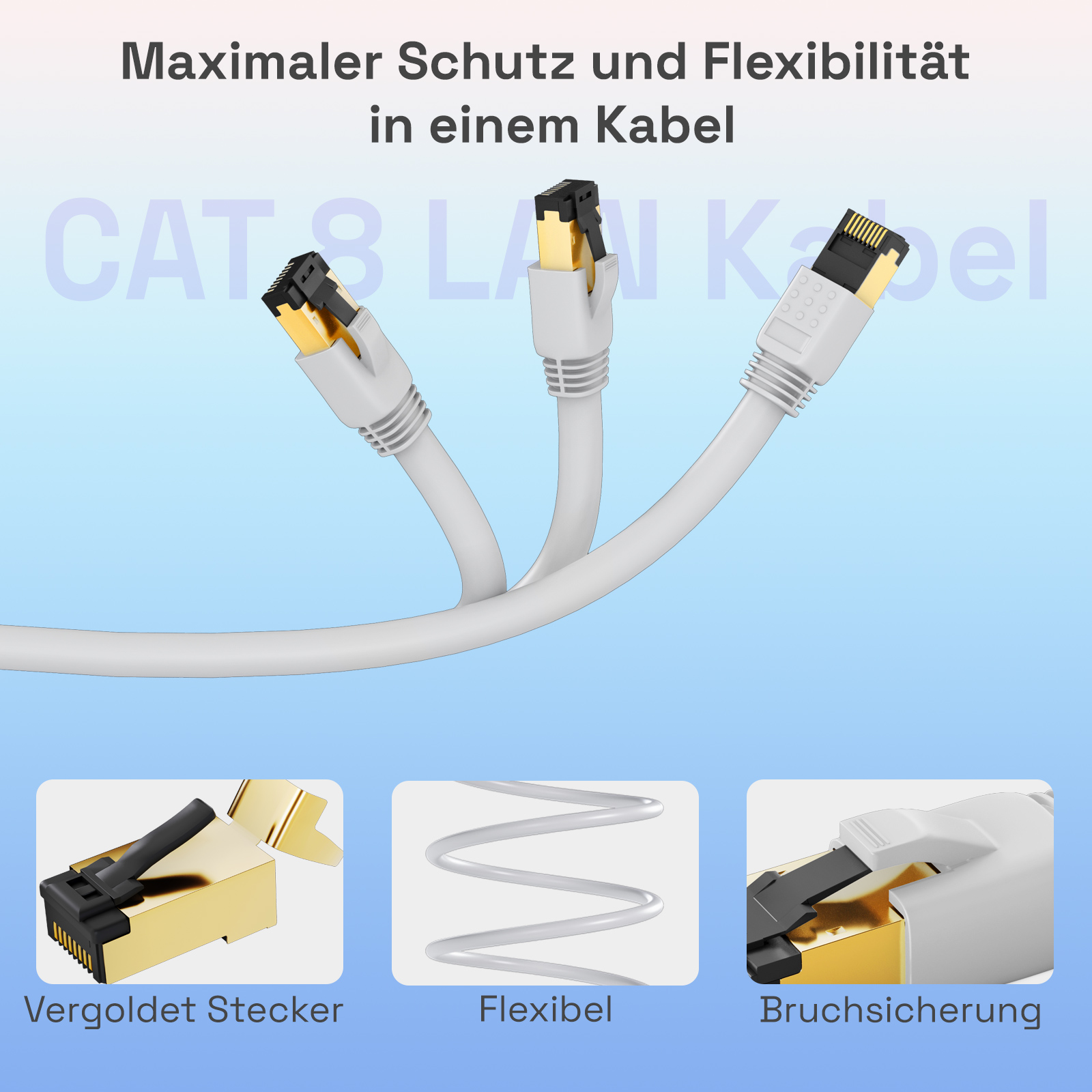 Drei weiße LAN-Kabel mit goldenen Steckern. Nahaufnahmen von Steckern und Kabeldetails.