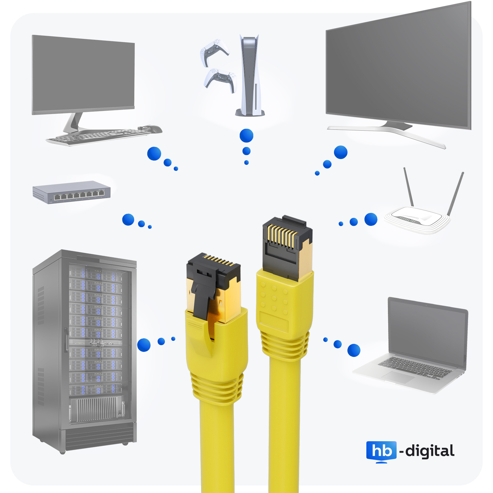 Gelbe Ethernet-Kabel verbinden verschiedene Geräte: Computer, Router, Server, Spielkonsole und Fernseher.
