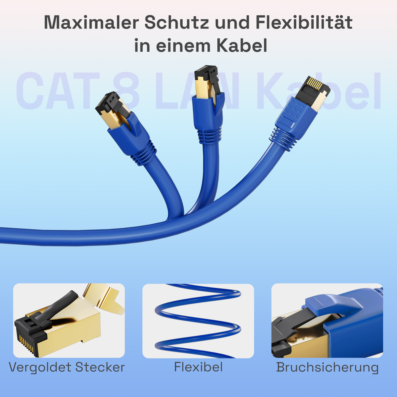 Blaue Netzwerkkabel mit vergoldeten Steckern vor hellem Hintergrund.
