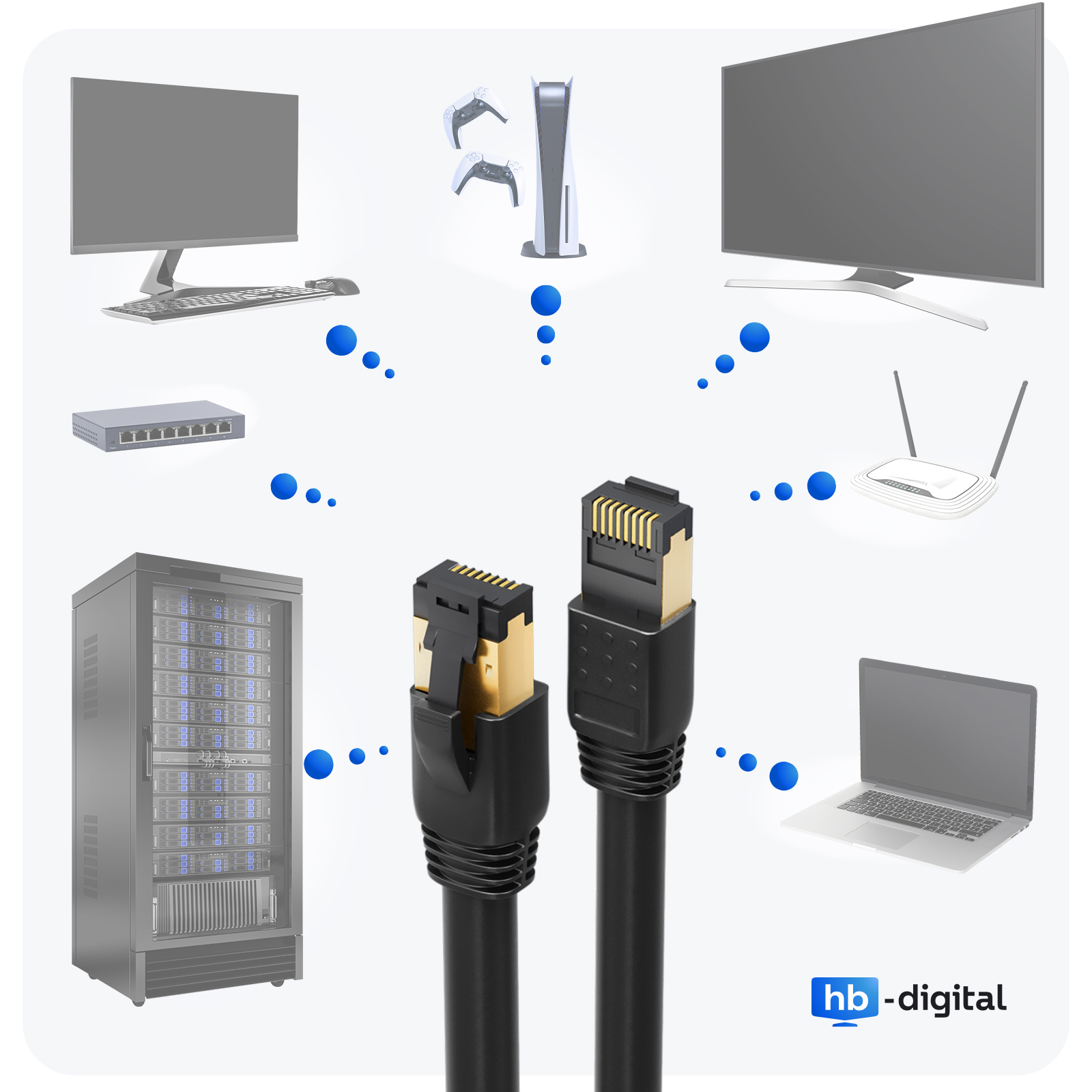 Netzwerk-Setup: Ethernet-Kabel verbinden Geräte wie Server, Fernseher und Laptop.