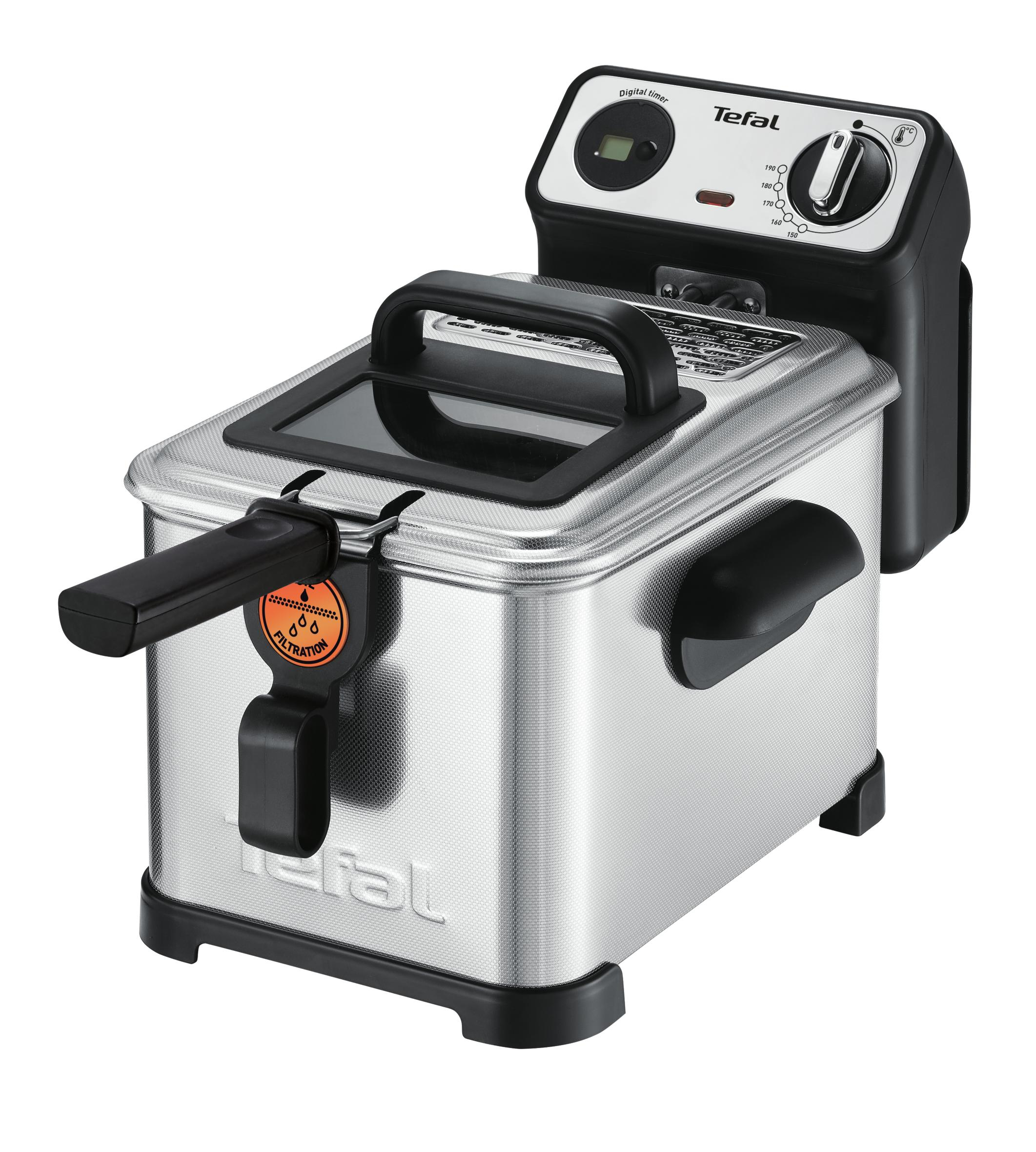 Freidora Tefal. Diseño de acero inoxidable con asa negra, panel de control y temporizador digital.