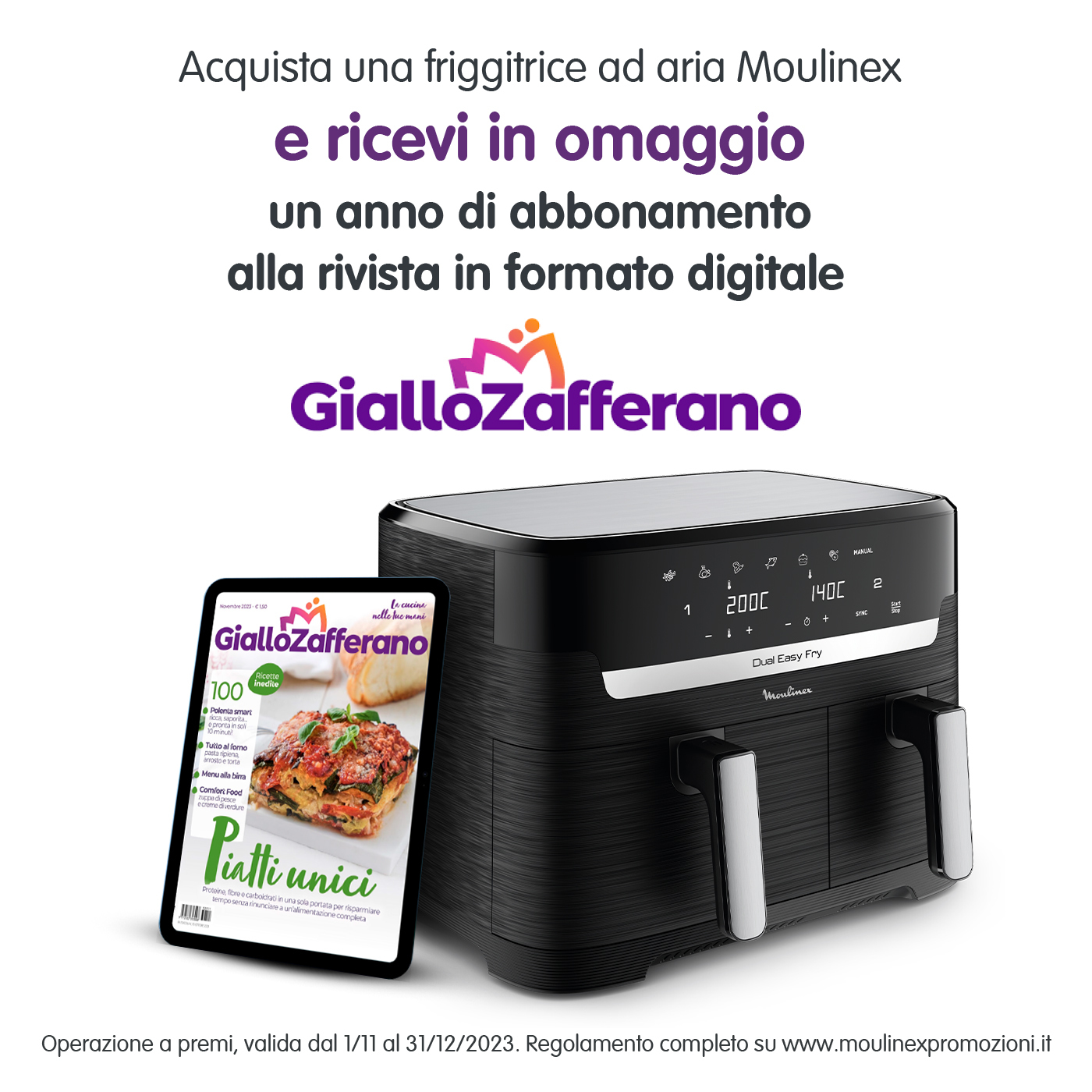 Frytkownica Moulinex dual easy fry i tablet wyświetlający okładkę magazynu, z tekstem.