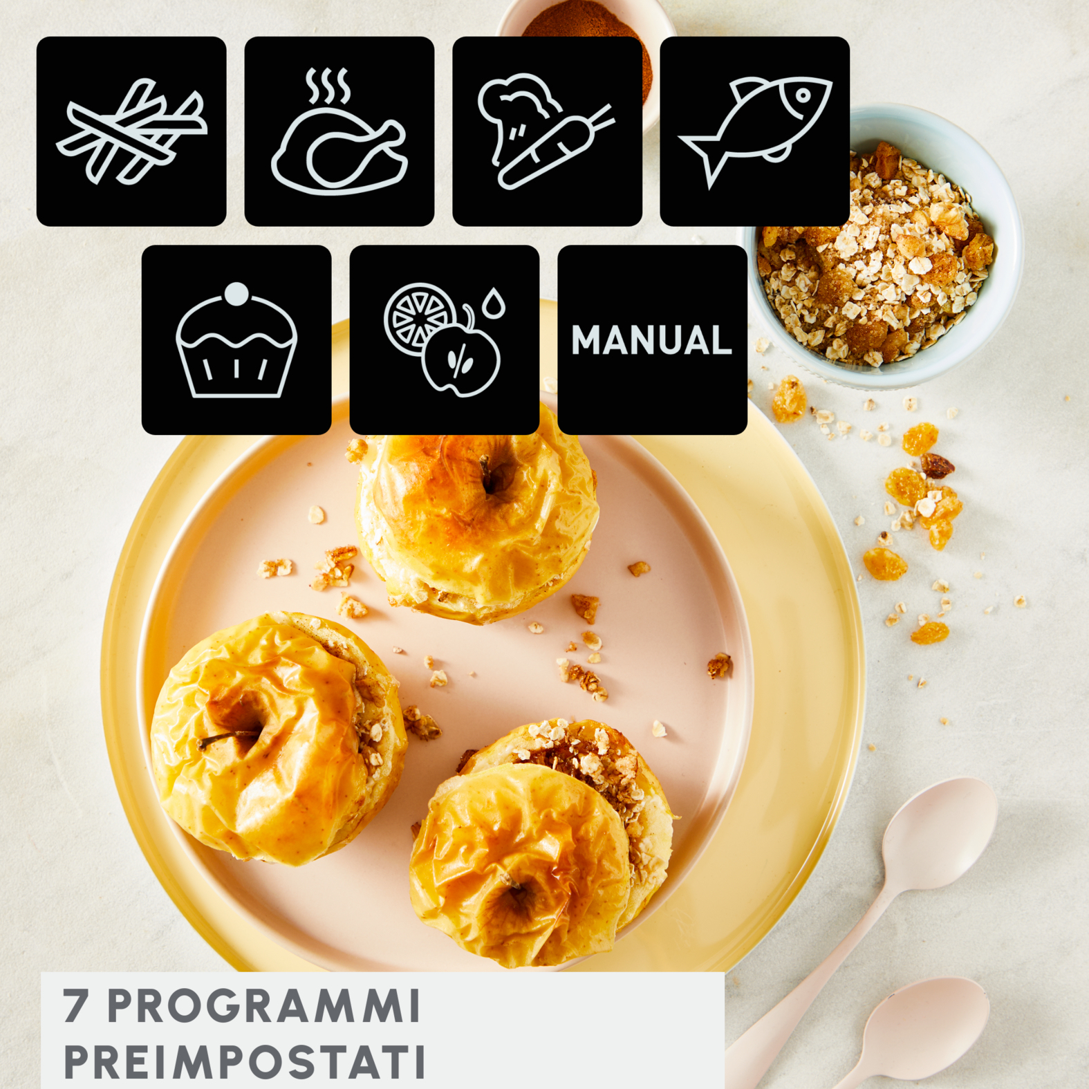 Pieczone jabłka z dodatkami na talerzu z ikonami jedzenia.