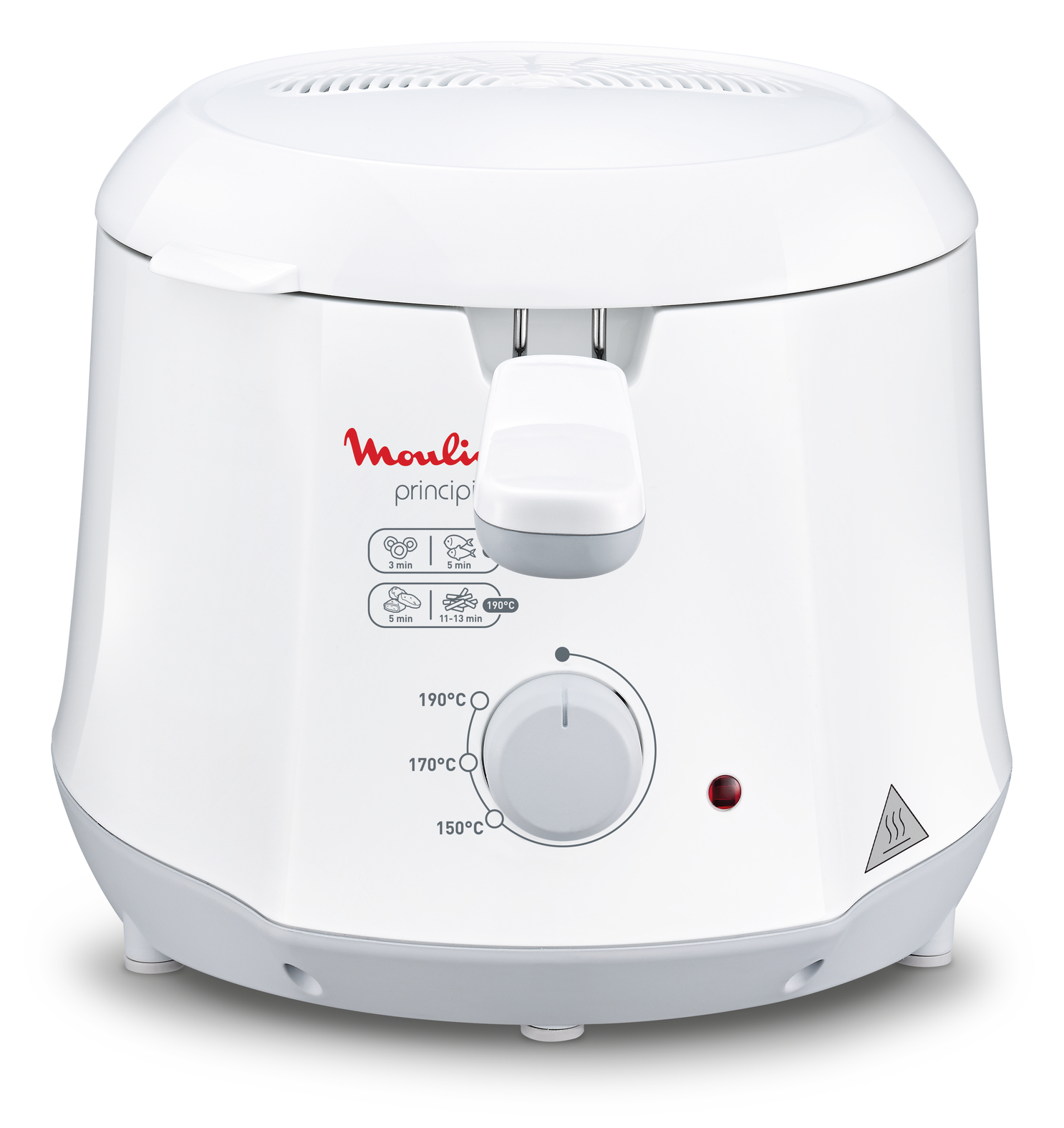 Biała frytkownica Moulinex z pokrętłem temperatury i lampką kontrolną.