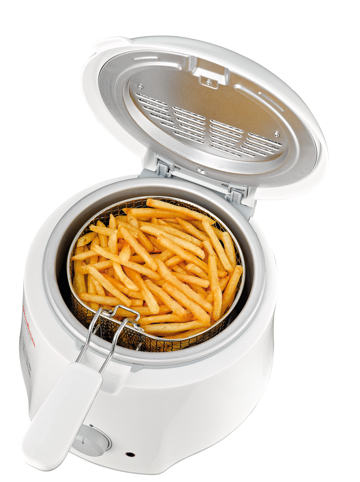 Otwarta biała frytownica z koszem pełnym złotych frytek.