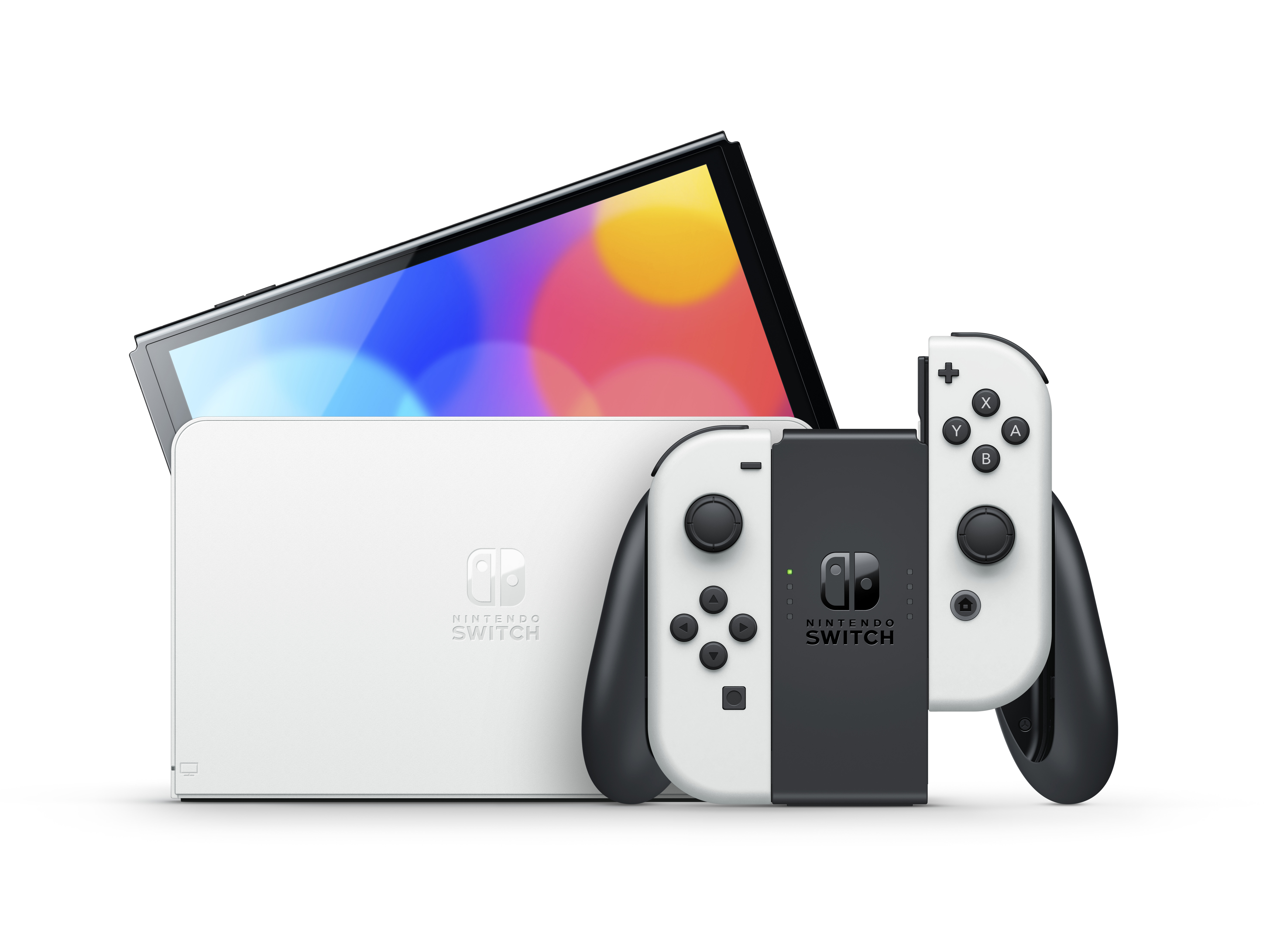 Nintendo Switch Konsole mit weißen Joy-Con-Controllern, die an einem schwarzen Bildschirm befestigt sind.