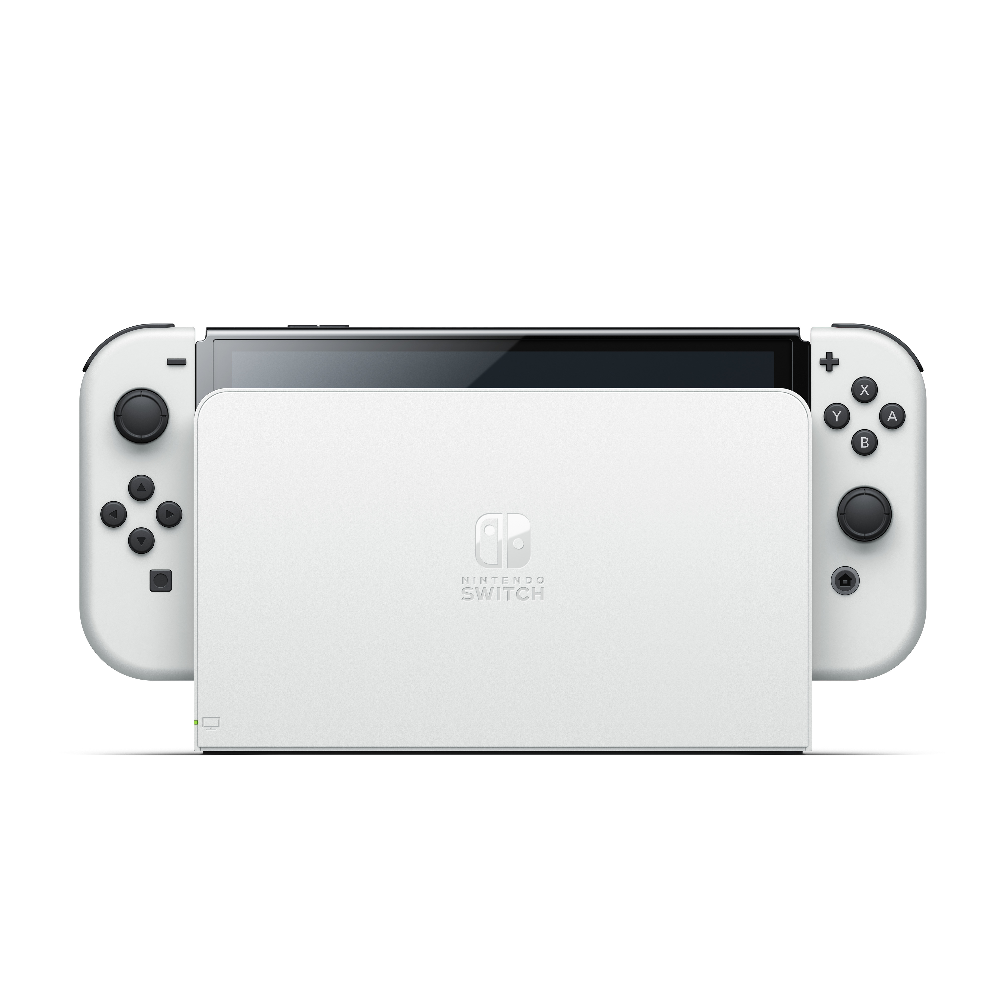 Nintendo Switch Konsole mit weißen Joy-Con Controllern und weißer Dockingstation. Schwarzer Bildschirm.