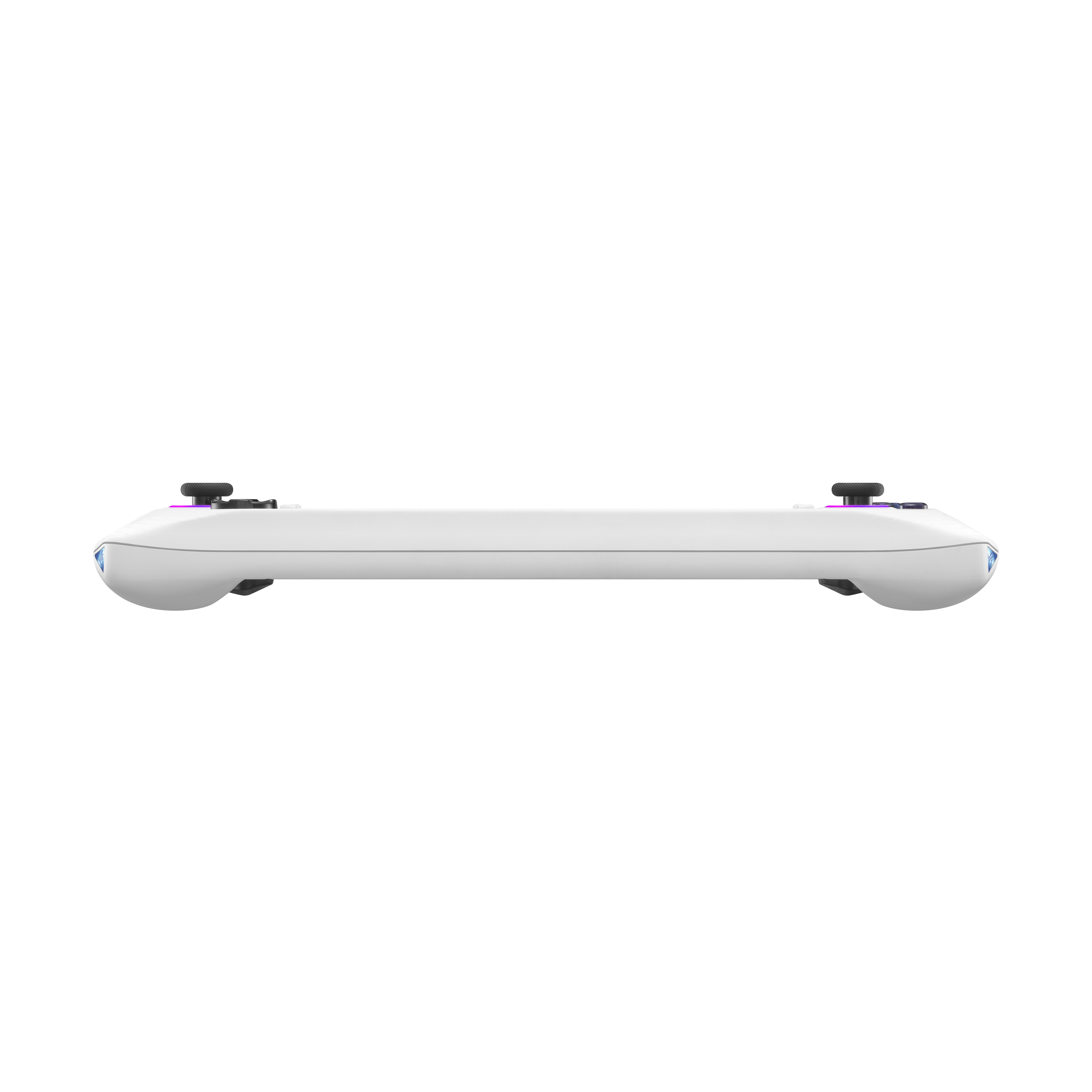 Ein weißer Gamecontroller wird von der Seite gezeigt, mit zwei Joysticks und Tasten sichtbar.