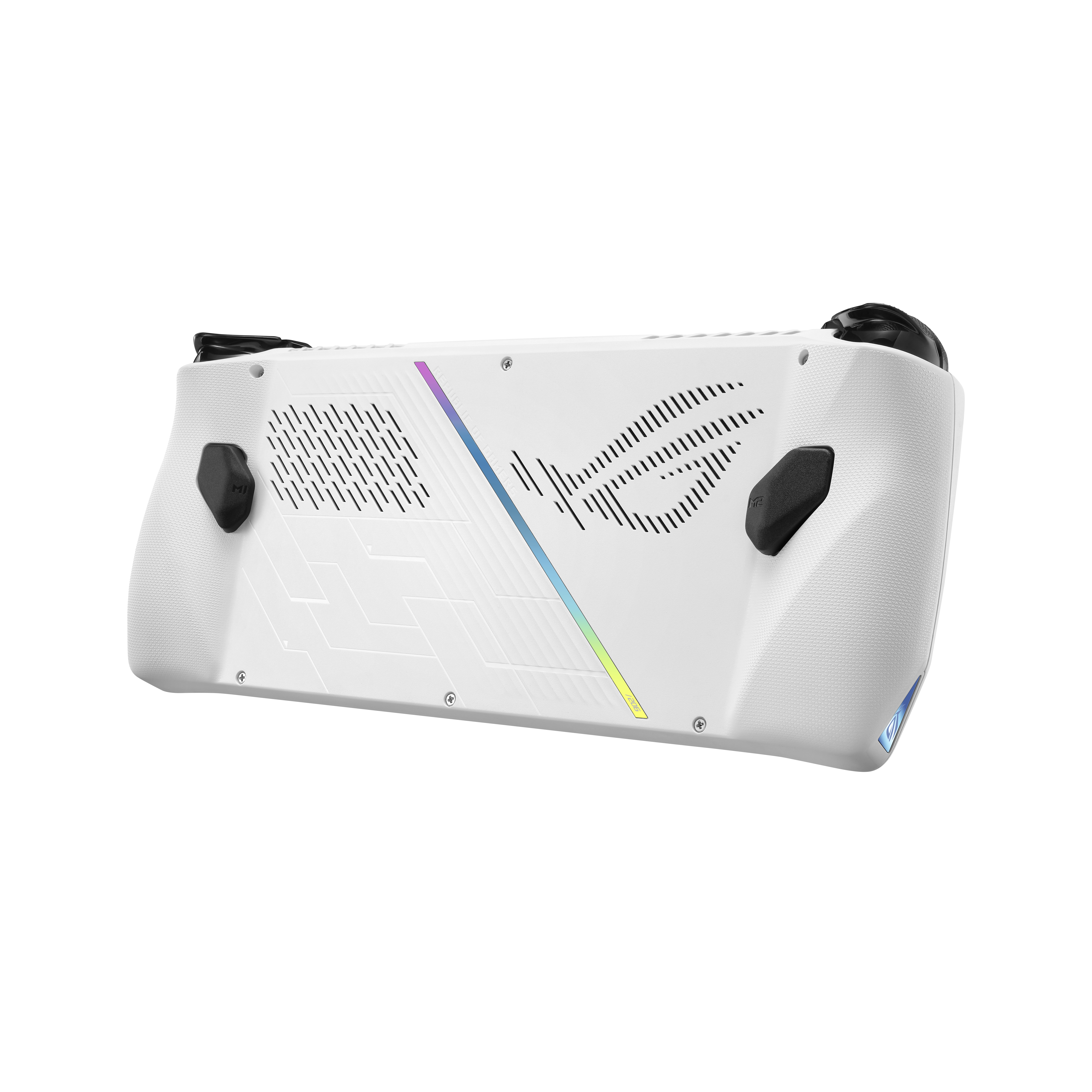 Ein weißes Handheld-Gaming-Gerät. Angesicht der Rückseite mit Bedienelementen und Lüftungsöffnungen.