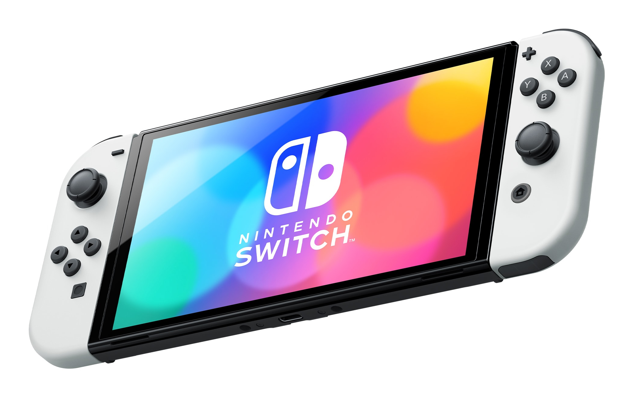 Weiße Nintendo Switch mit Bildschirm. Auf dem Bildschirm sind bunte Grafiken zu sehen. Weiße Controller.