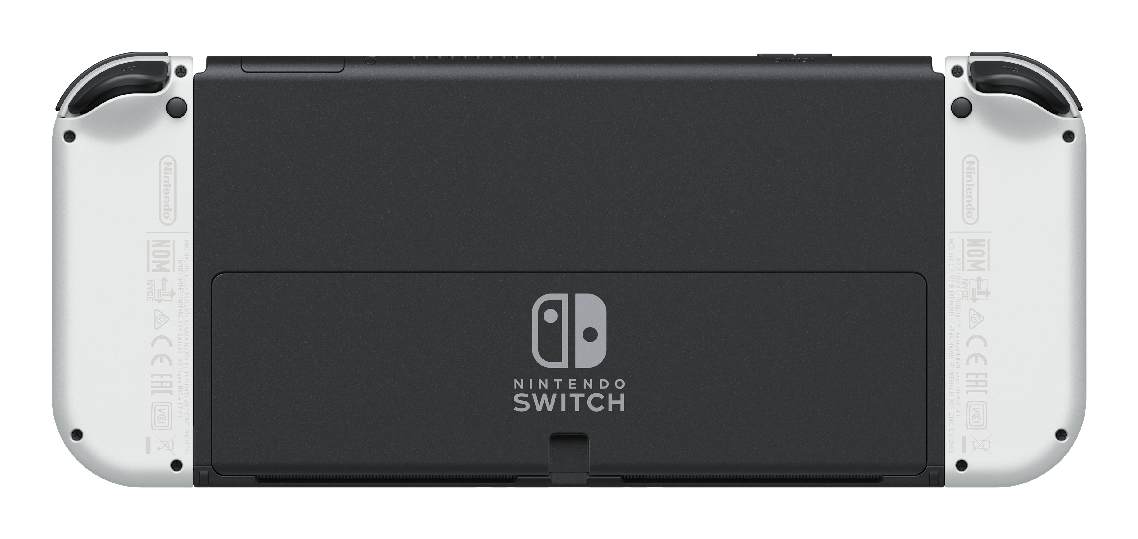Die Rückseite einer Nintendo Switch-Konsole, mit Nintendo Switch-Logo.