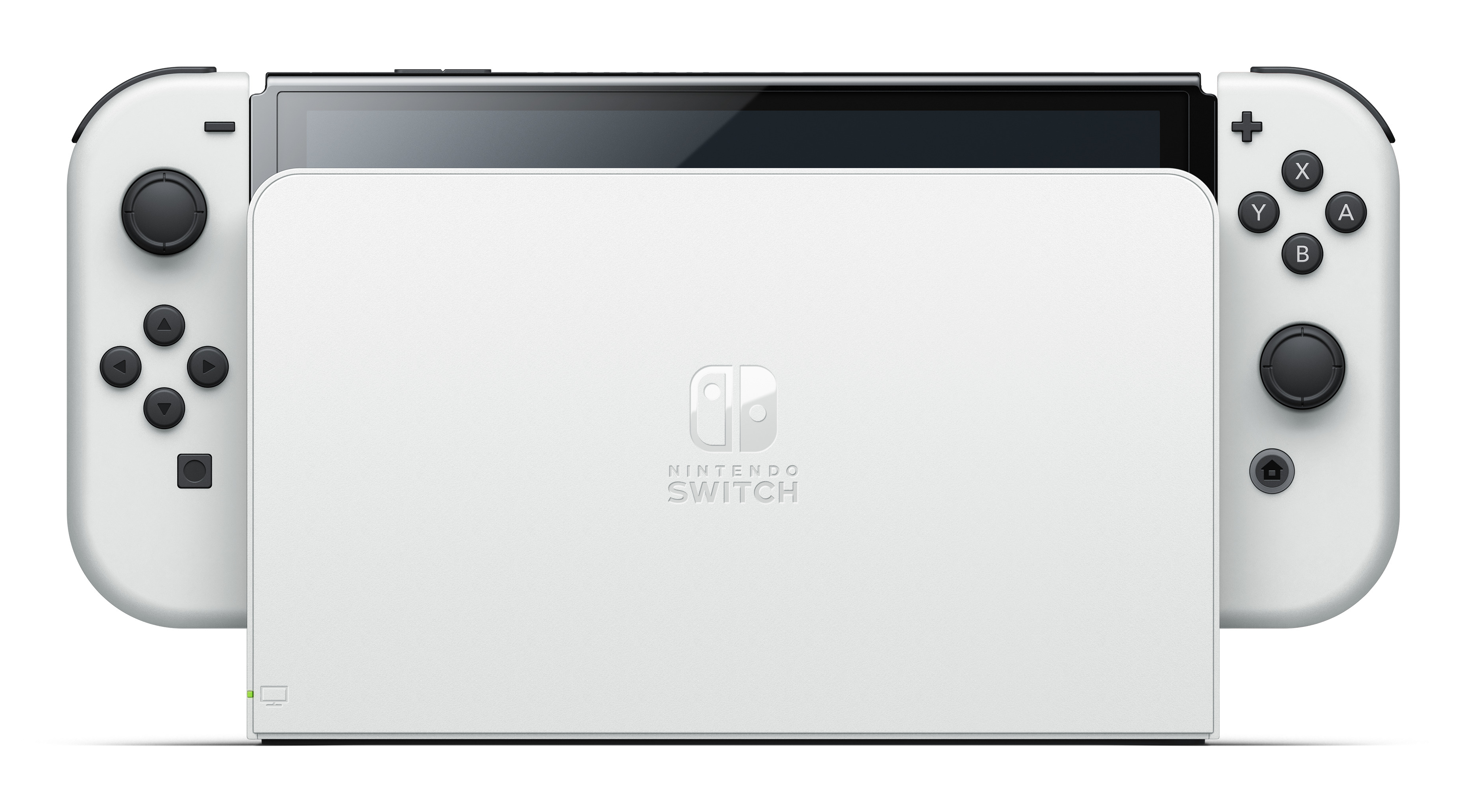 Weiße Nintendo Switch Konsole mit weißen Controllern und einem weißen Dock.
