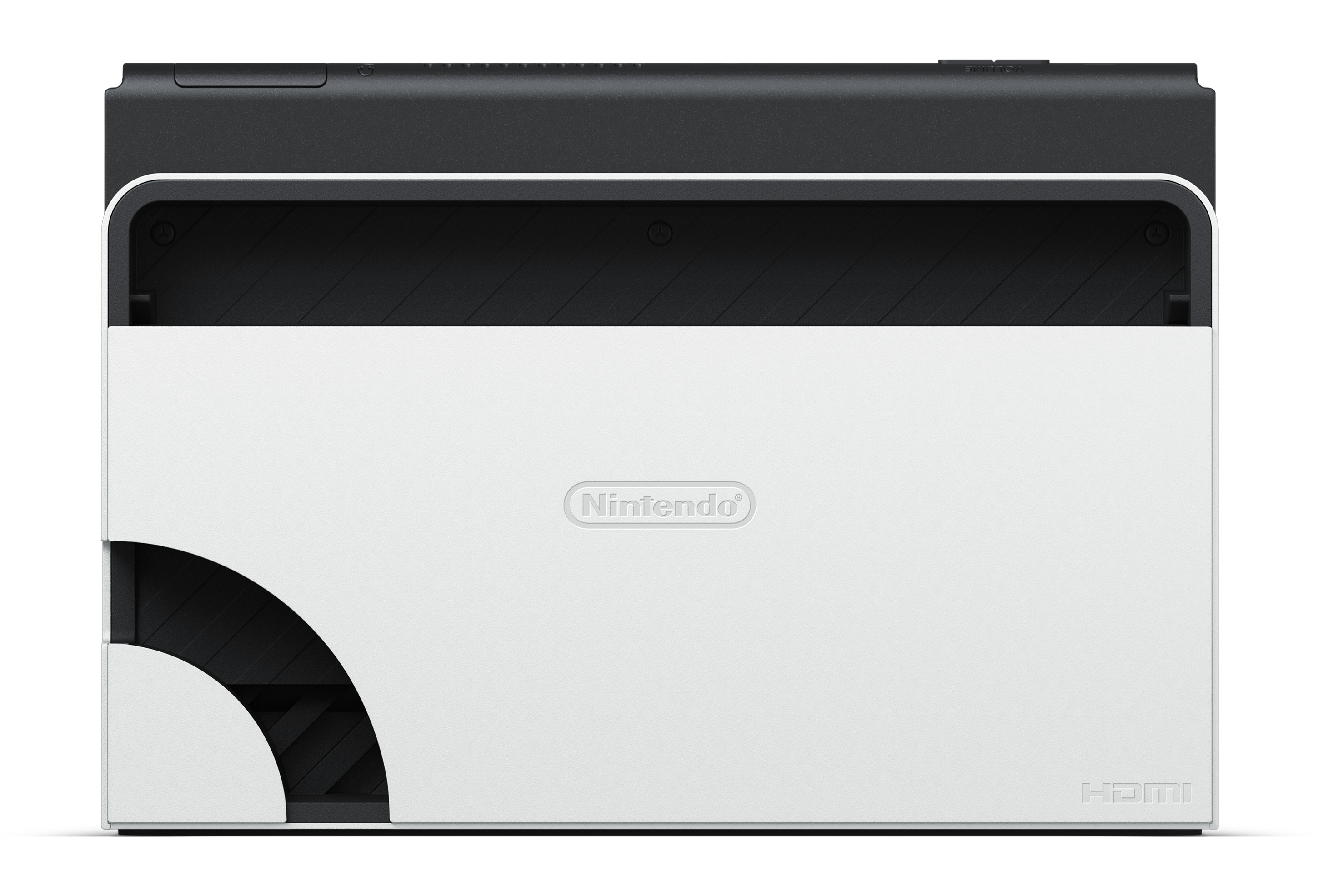 Ein weißes und schwarzes Nintendo Switch Dock mit dem Nintendo-Logo auf der Vorderseite.
