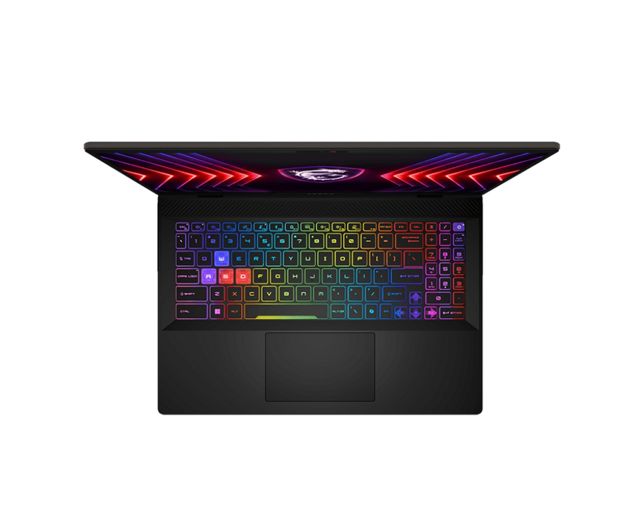 Laptop MSI, vista dall'alto, aperto con tastiera arcobaleno illuminata e schermo colorato.