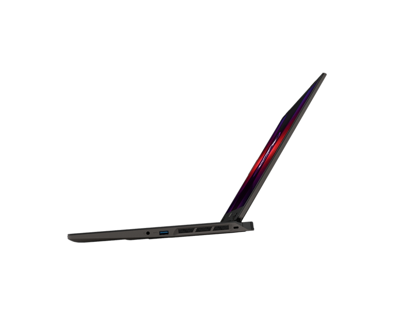 Vista laterale di un laptop nero. Lo schermo è aperto, mostrando un'immagine rossa e nera.