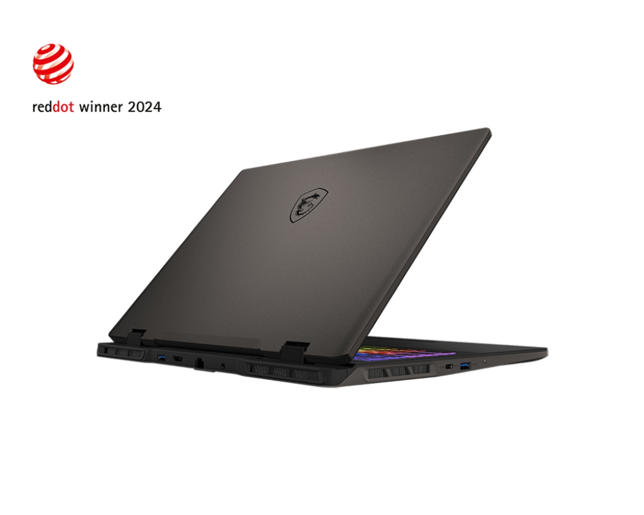 Laptop scuro, vista posteriore, con etichetta red dot winner 2024.
