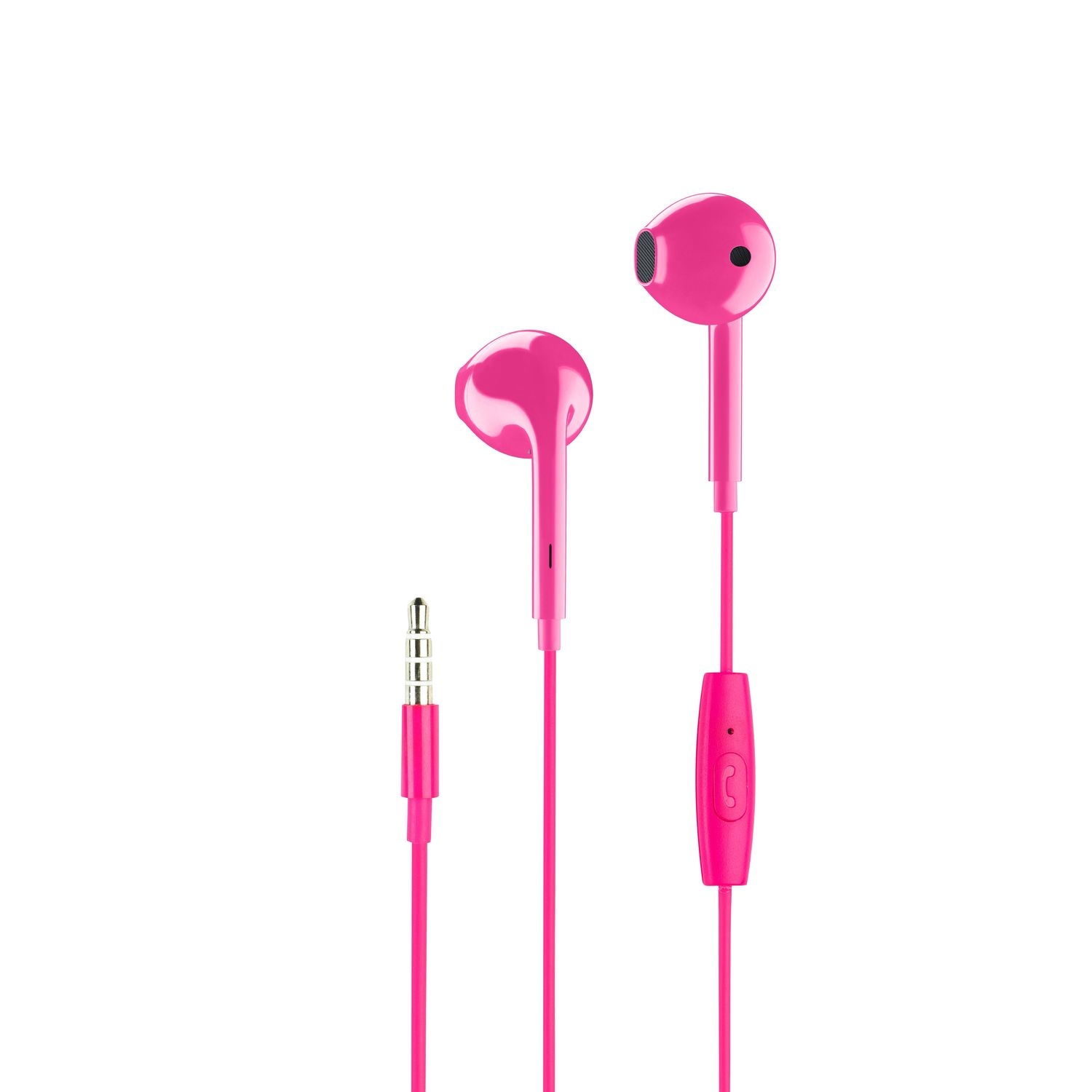 Auricolari rosa con jack. Sfondo bianco.