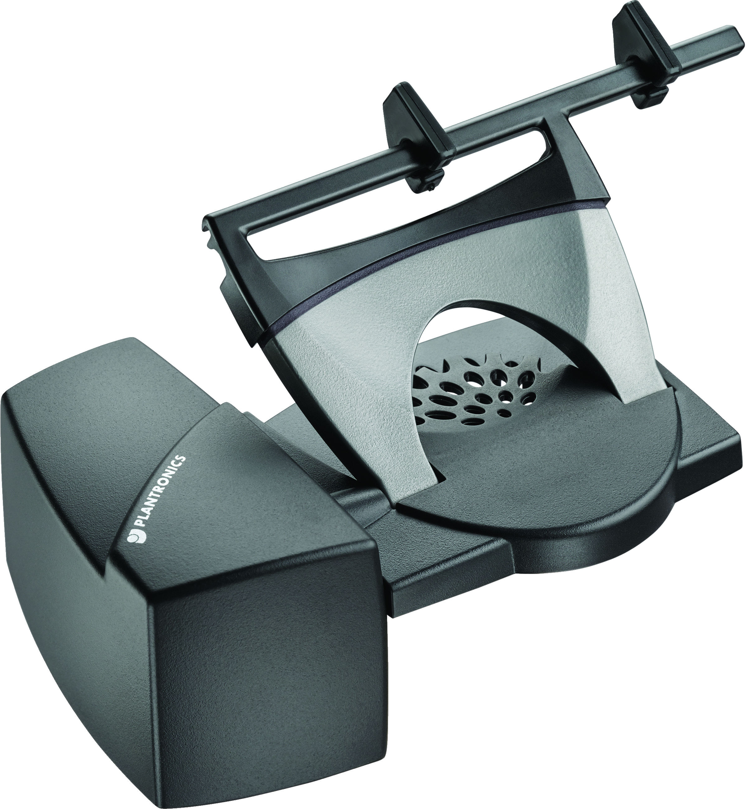 Base di ricarica Plantronics nera e grigia. Lo sfondo è bianco.
