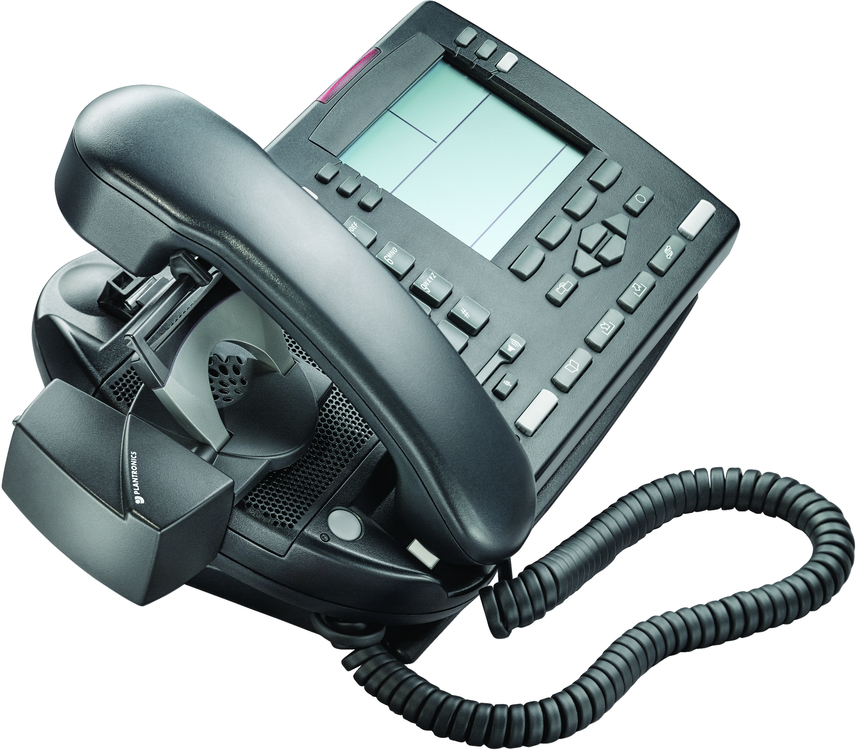 Un telefono nero con display e pulsanti, una base e un cavo a spirale nero.