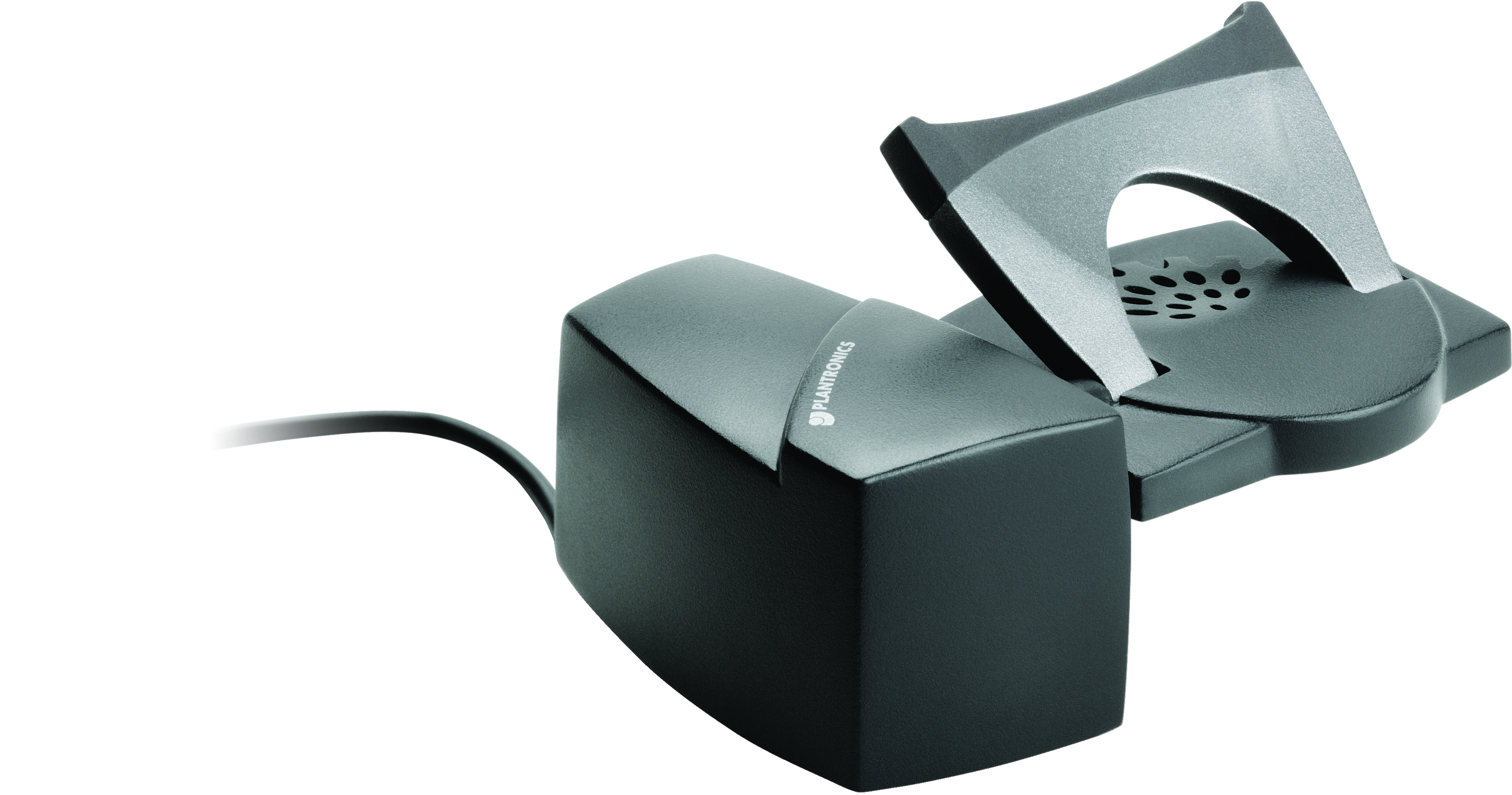Base per cuffie Plantronics nera con supporto per cuffie nero su sfondo bianco.