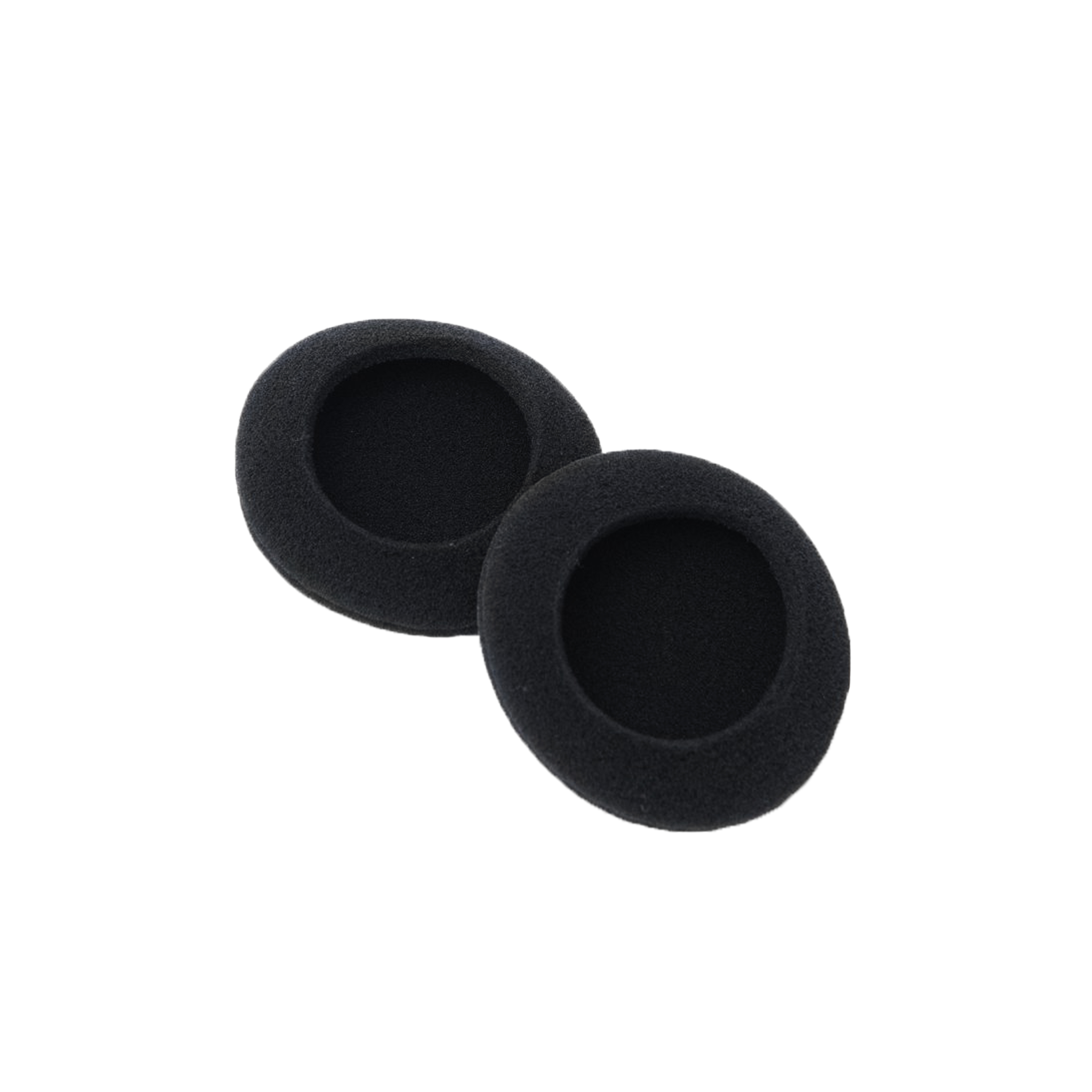 Due cuscinetti auricolari circolari neri su sfondo bianco. I cuscinetti sono in materiale poroso e morbido.