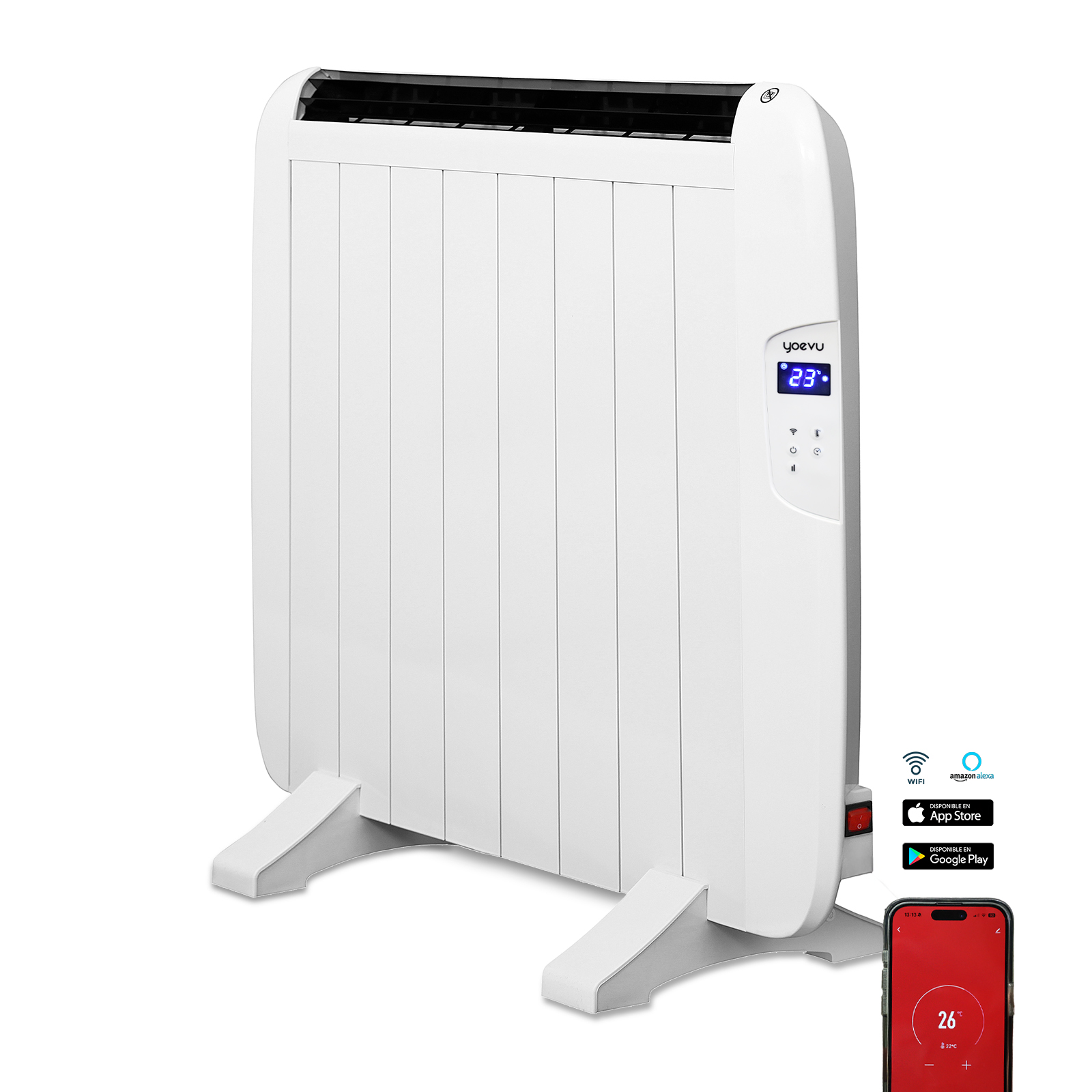 Un calefactor eléctrico blanco, con una pantalla digital y botones de control, sobre fondo blanco.