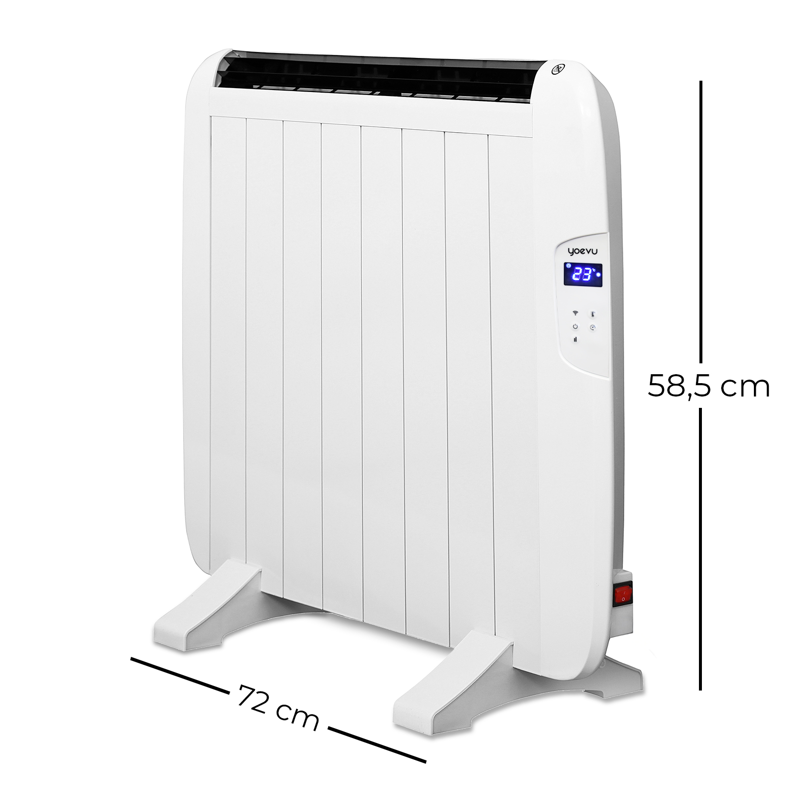 Calentador eléctrico blanco con pantalla digital que muestra 23 grados y dimensiones 72cm x 58,5cm.
