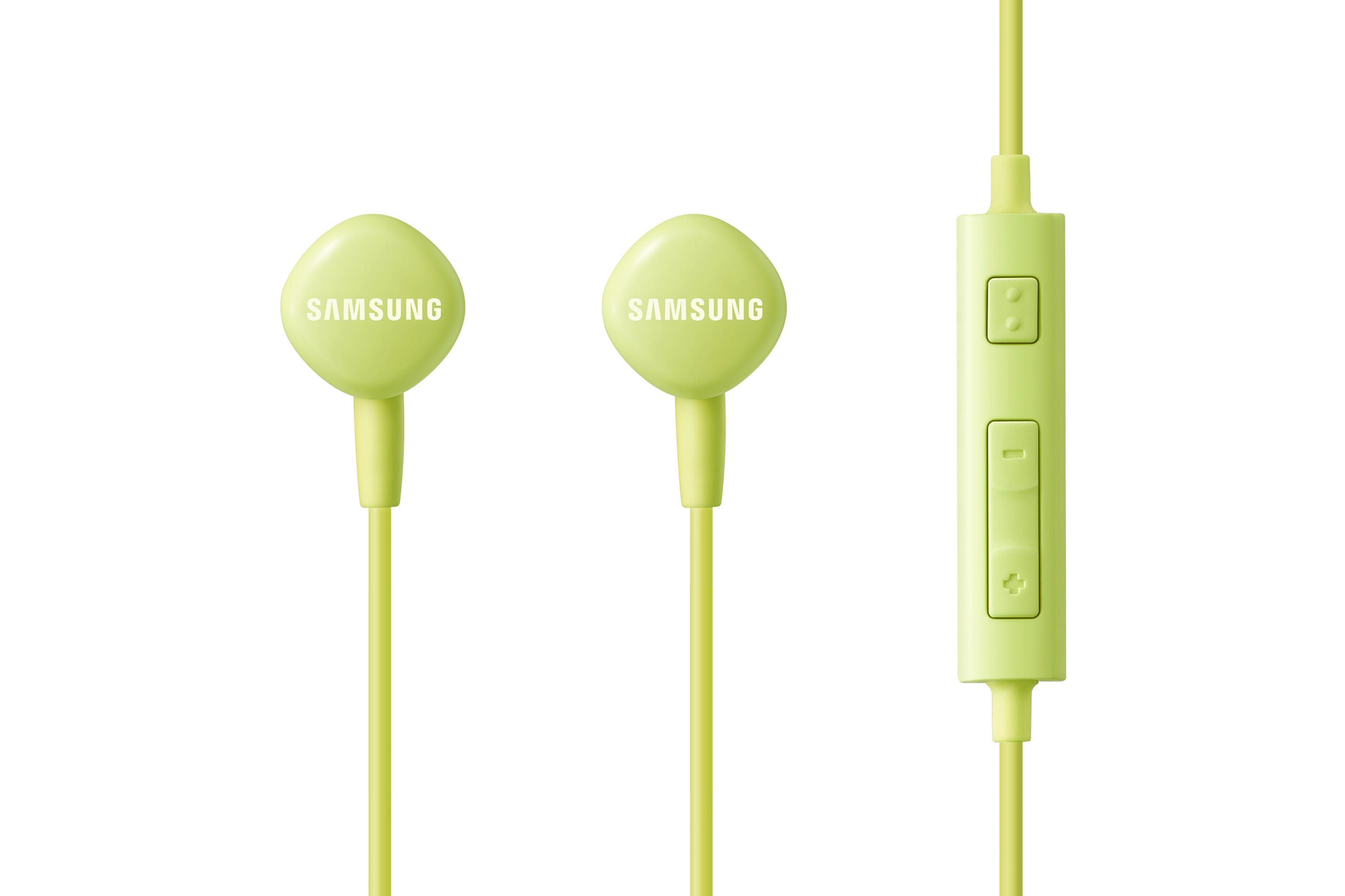 Auricolari Samsung verde lime con modulo di controllo. Gli auricolari hanno il logo Samsung.