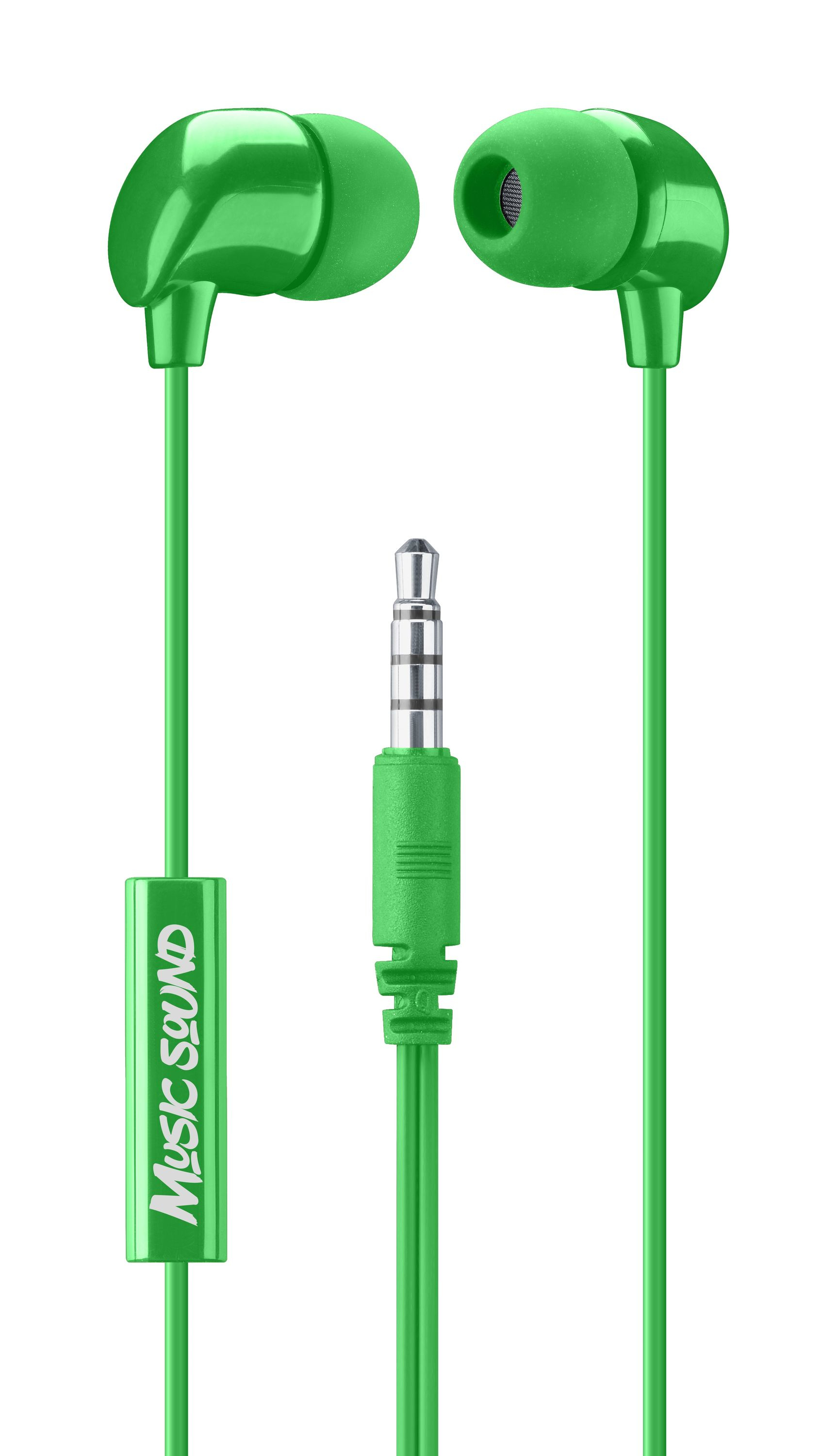 Auricolari verdi con cavo e connettore verdi, su sfondo bianco.