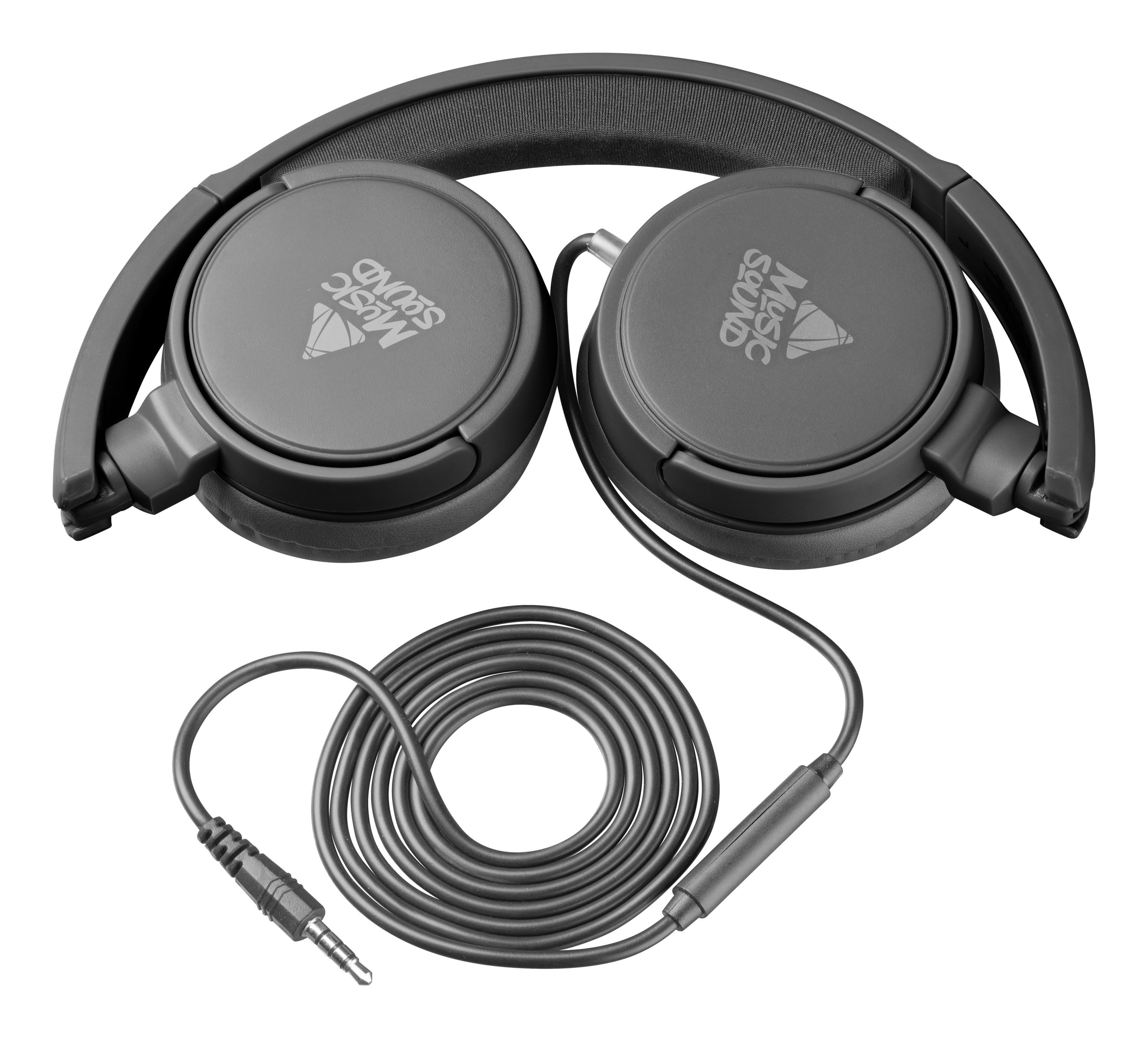 Auriculares negros con el logo Music Sound. Cable visible, auriculares plegados.