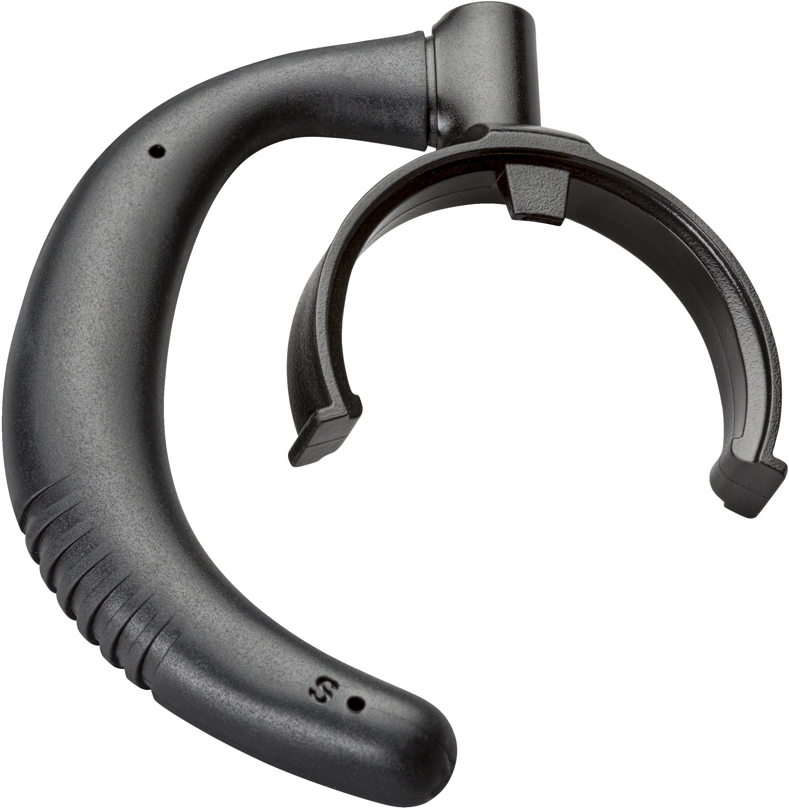 Mango de plástico negro con forma curvada. Un anillo de soporte adjunto arriba.