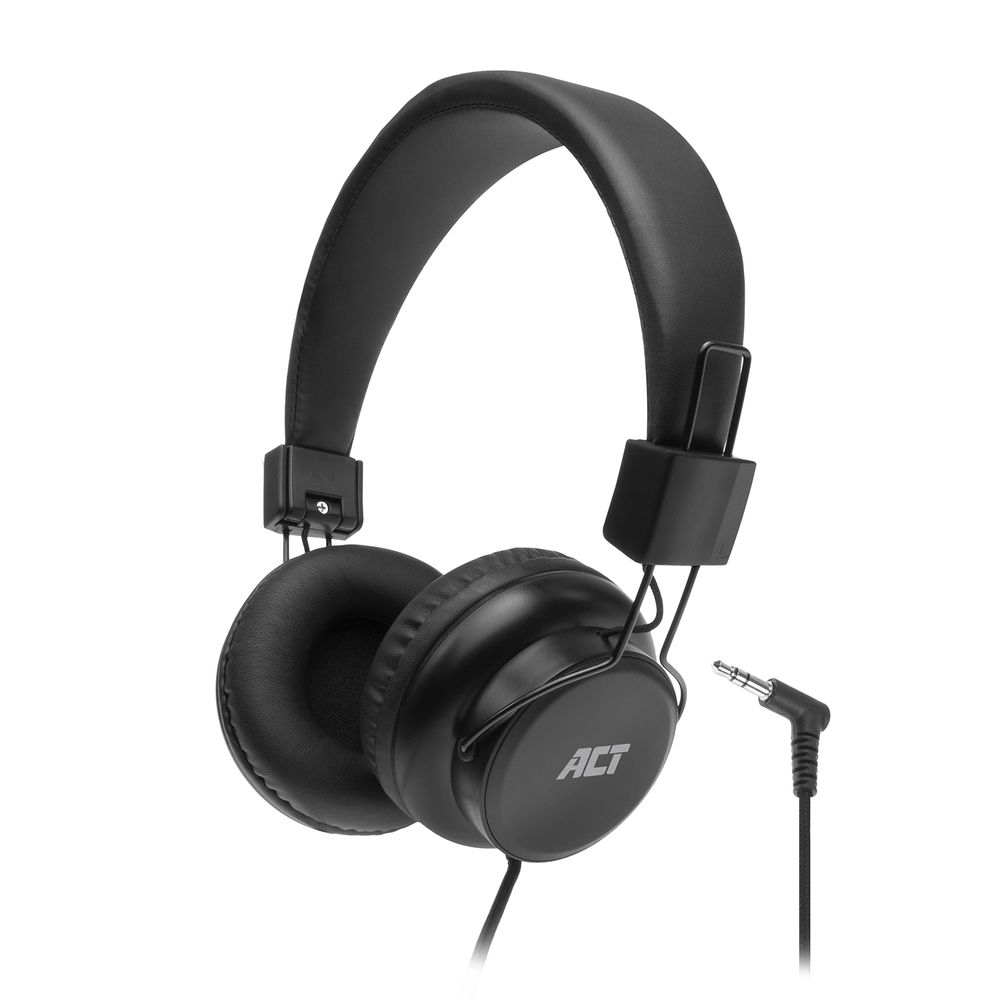 Casque noir avec câble et prise, sur fond blanc.