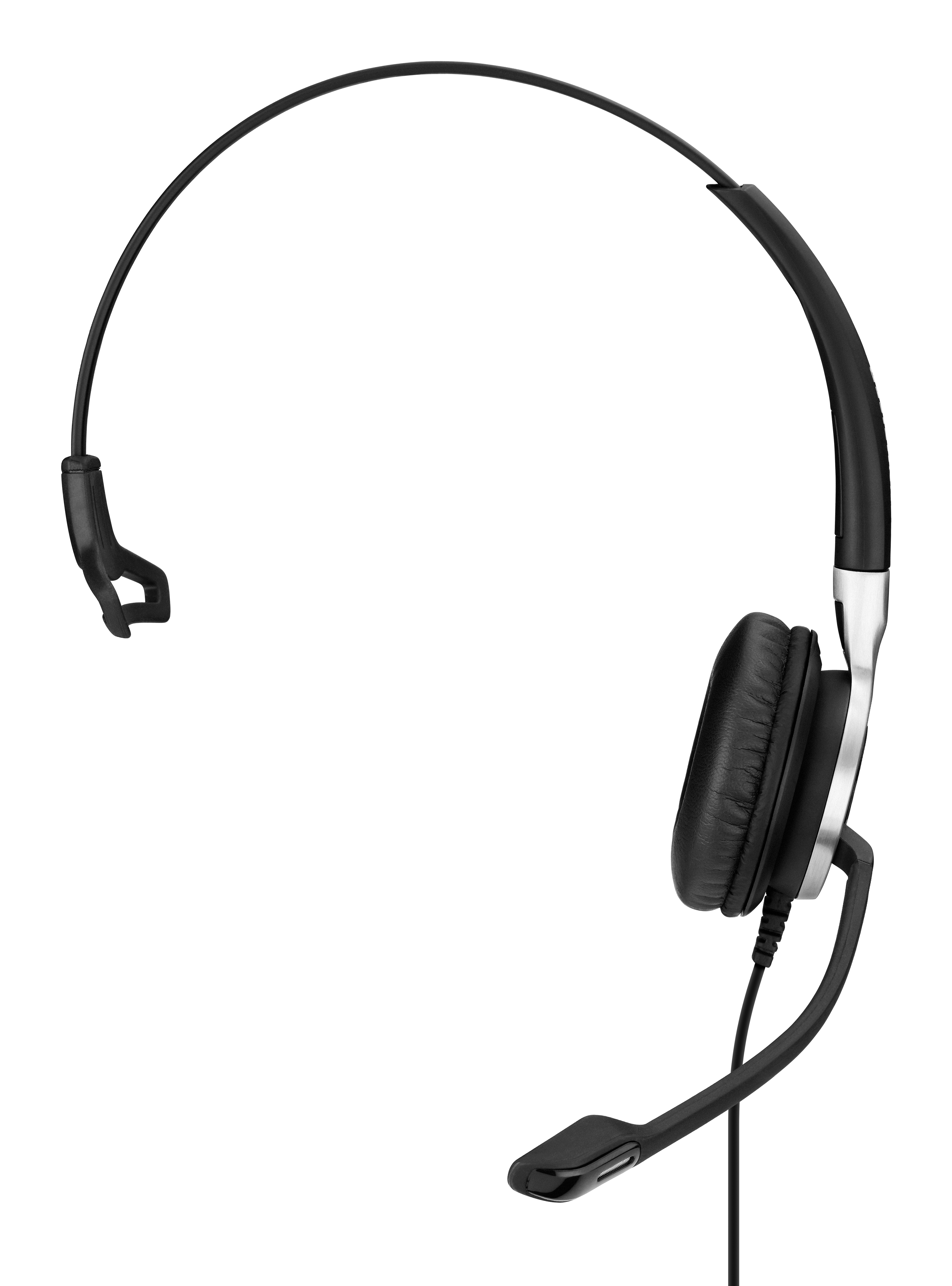 Zwarte en zilverkleurige headset met een microfoon, enkeloors ontwerp en hoofdband.