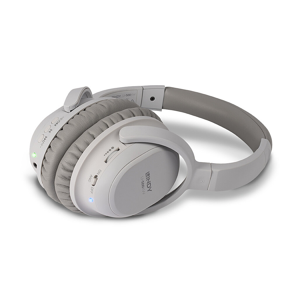Cuffie Lindy LH-500XV grigio chiaro con pulsanti di controllo.