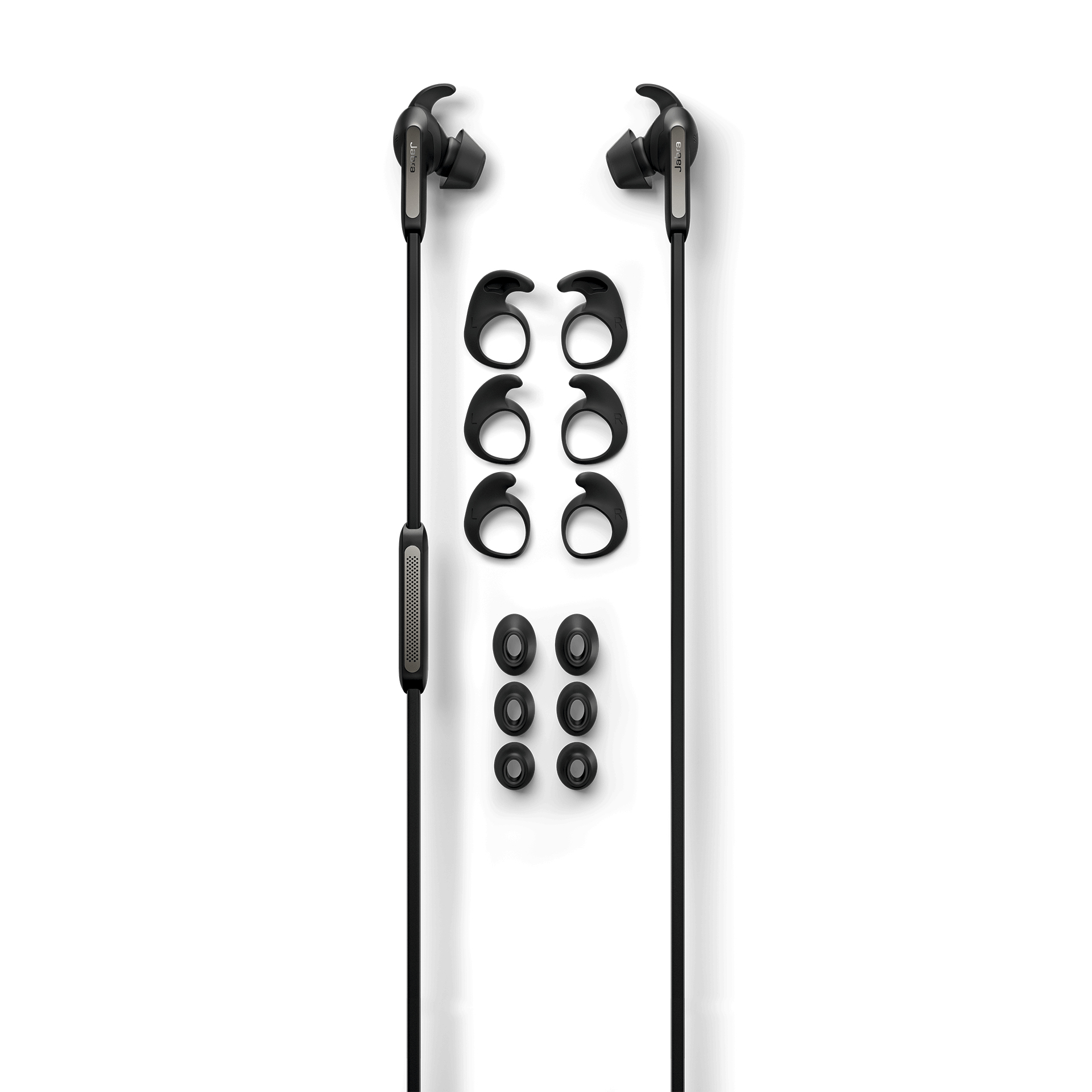 Zestaw słuchawek Jabra z dodatkowymi wkładkami dousznymi i modułem sterowania, wszystko na białym tle.