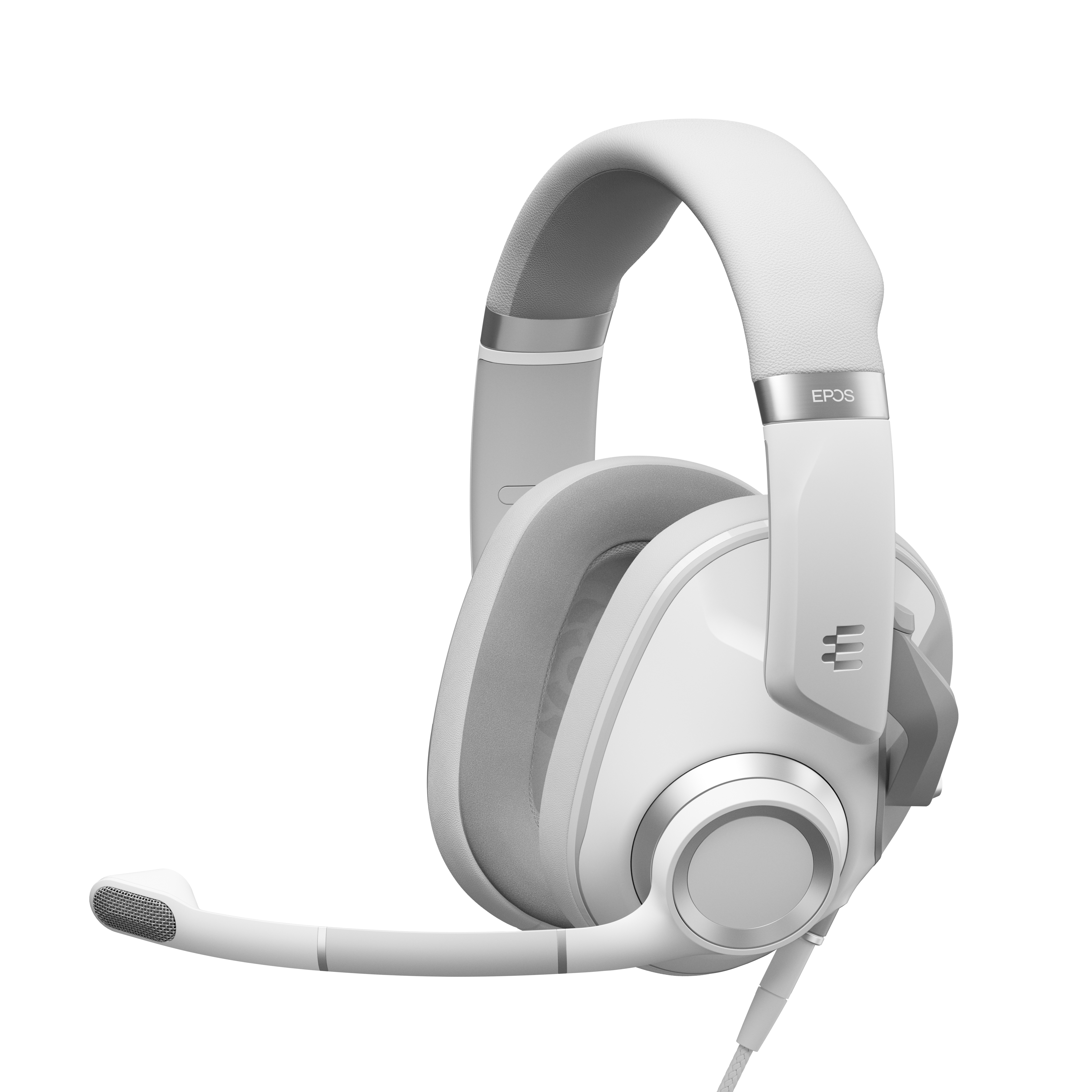 Weißes Headset mit Mikrofon. Das Headset befindet sich auf weißem Hintergrund.