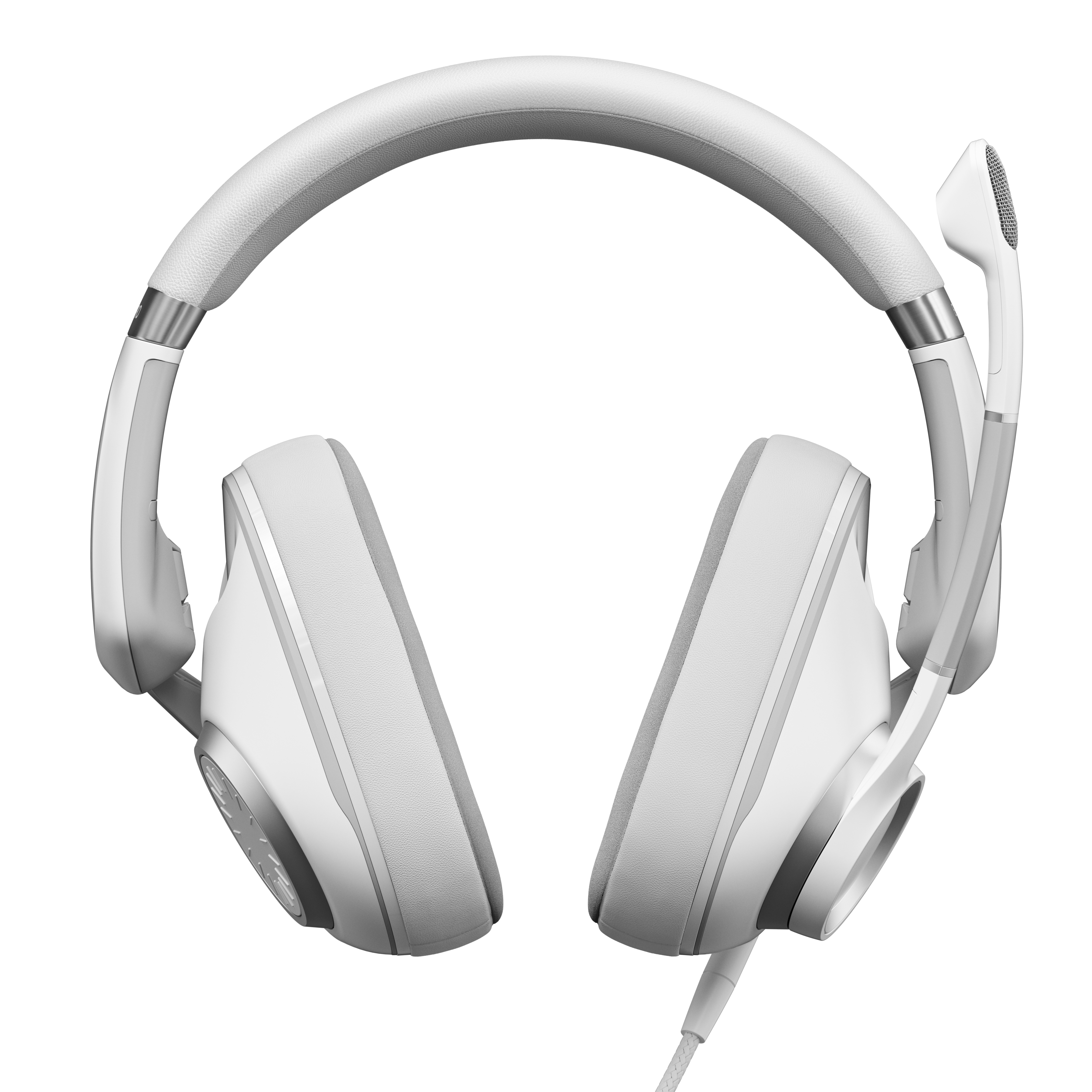 Weißes Headset mit Mikrofon, isoliert auf weißem Hintergrund.