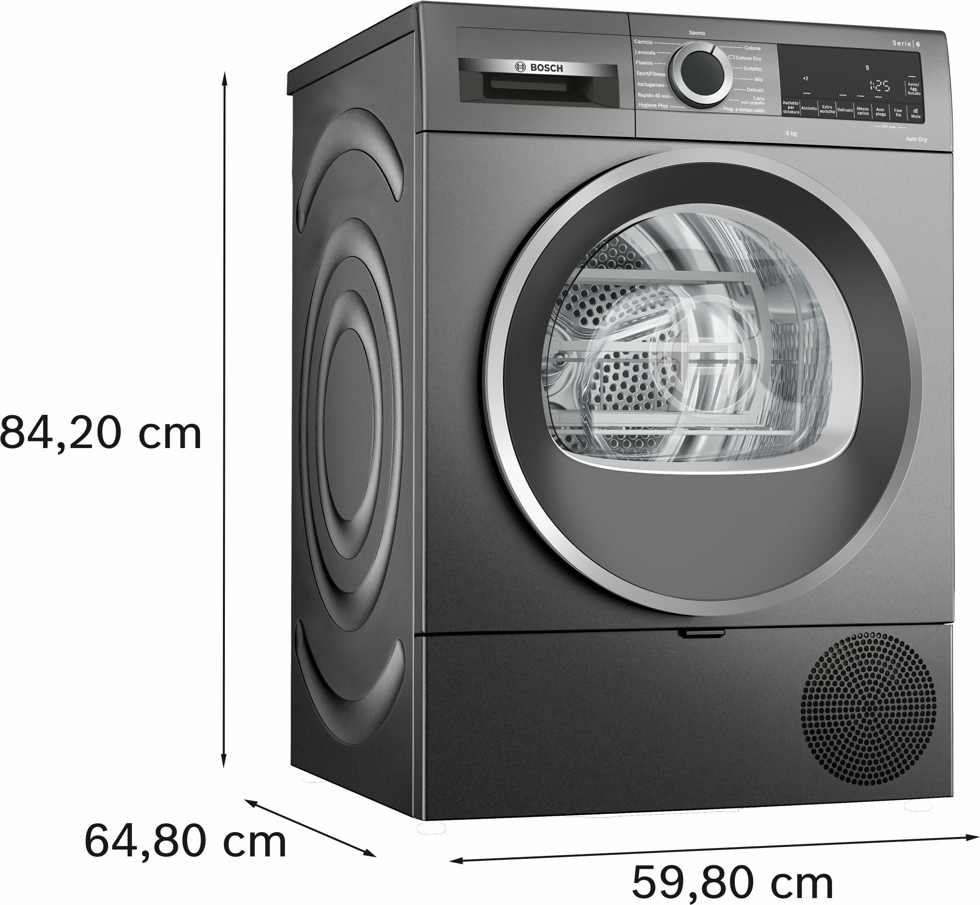 Asciugatrice Bosch grigio scuro con dimensioni, porta rotonda e pannello comandi.