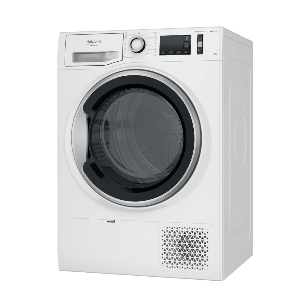 Asciugatrice Hotpoint Ariston bianca. Porta e pannello neri. Sfondo bianco.