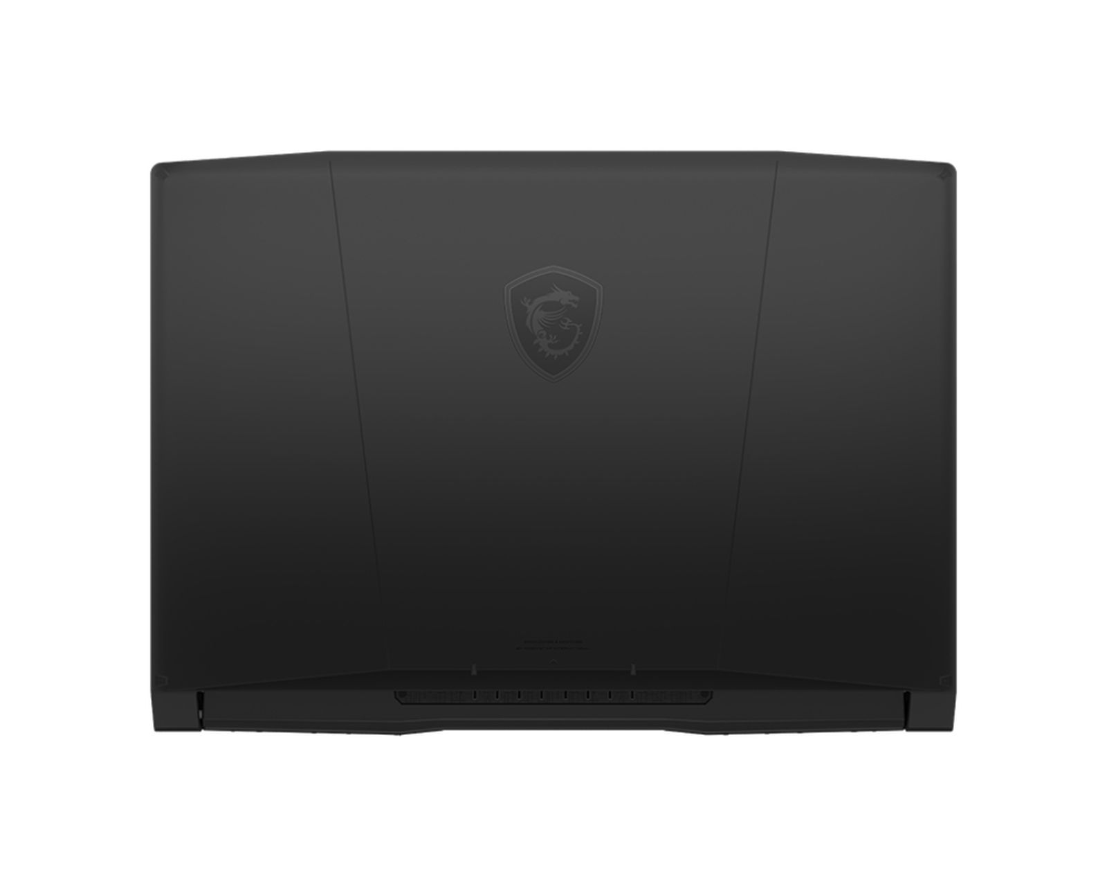 Czarny laptop, zamknięty, z logo MSI i wzorem wentylacyjnym na tylnej obudowie.