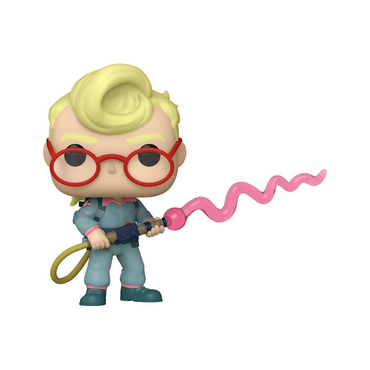 Figura bionda di Ghostbusters con occhiali e flusso di protoni rosa.