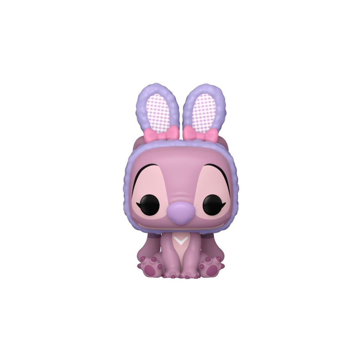Angel Funko Pop. Orecchie da coniglio viola. Fiocco rosa. Sfondo bianco.
