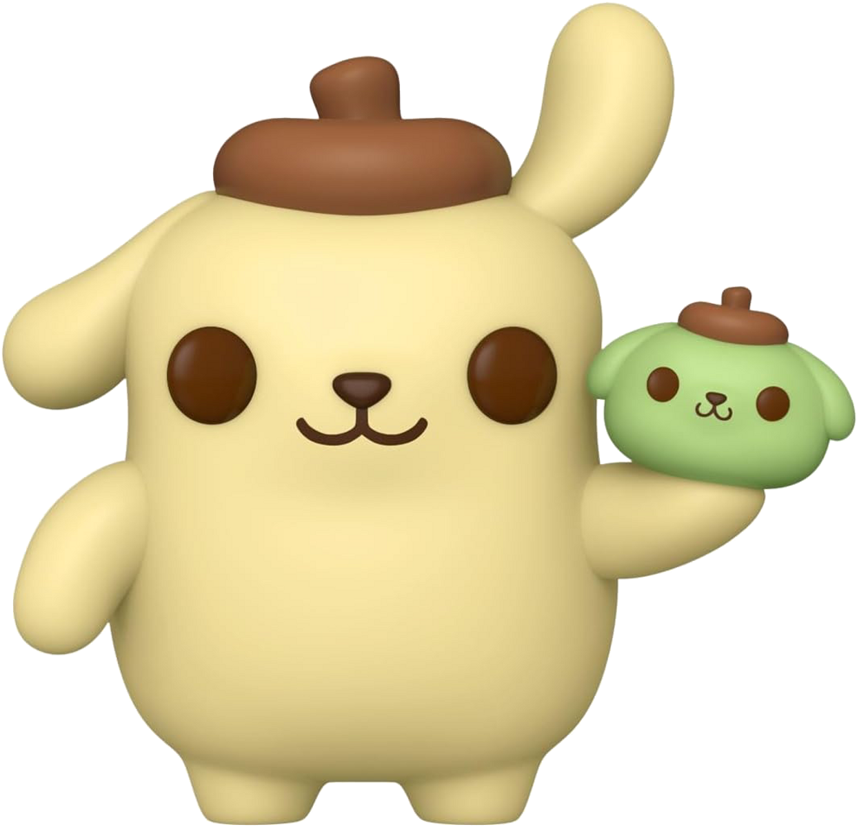 Una figura gialla di Pom Pom Purin che tiene una mini-figura verde, entrambe con cappelli marroni.