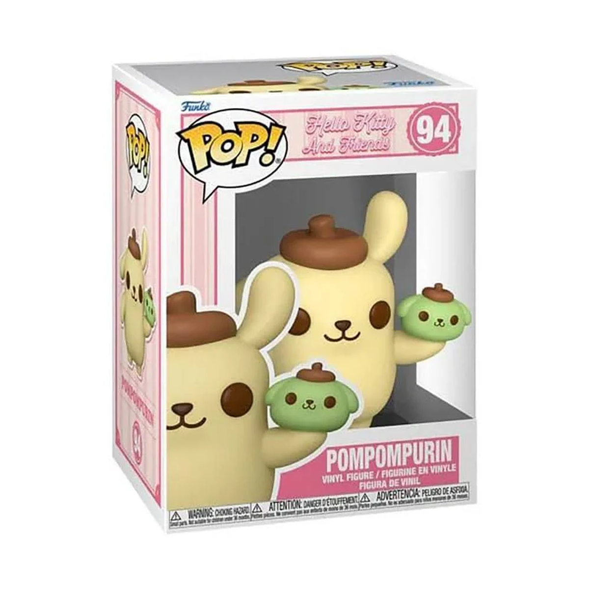 Figura Hello Kitty Pom Pom Purin in scatola. Figura gialla con personaggio verde.