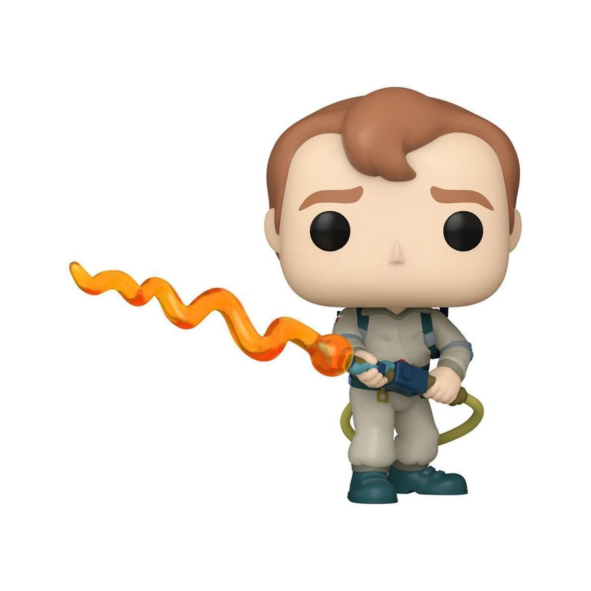 Figura di Ghostbusters con pistola protonica e flusso arancione.