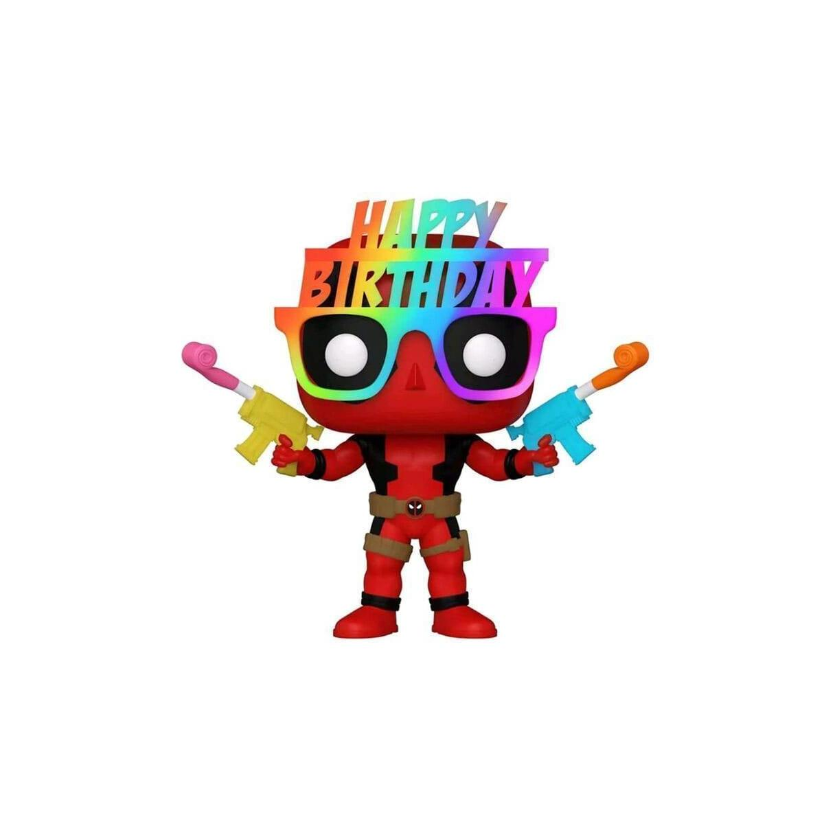 Figurina di Deadpool con occhiali di compleanno e pistole gialle e blu.
