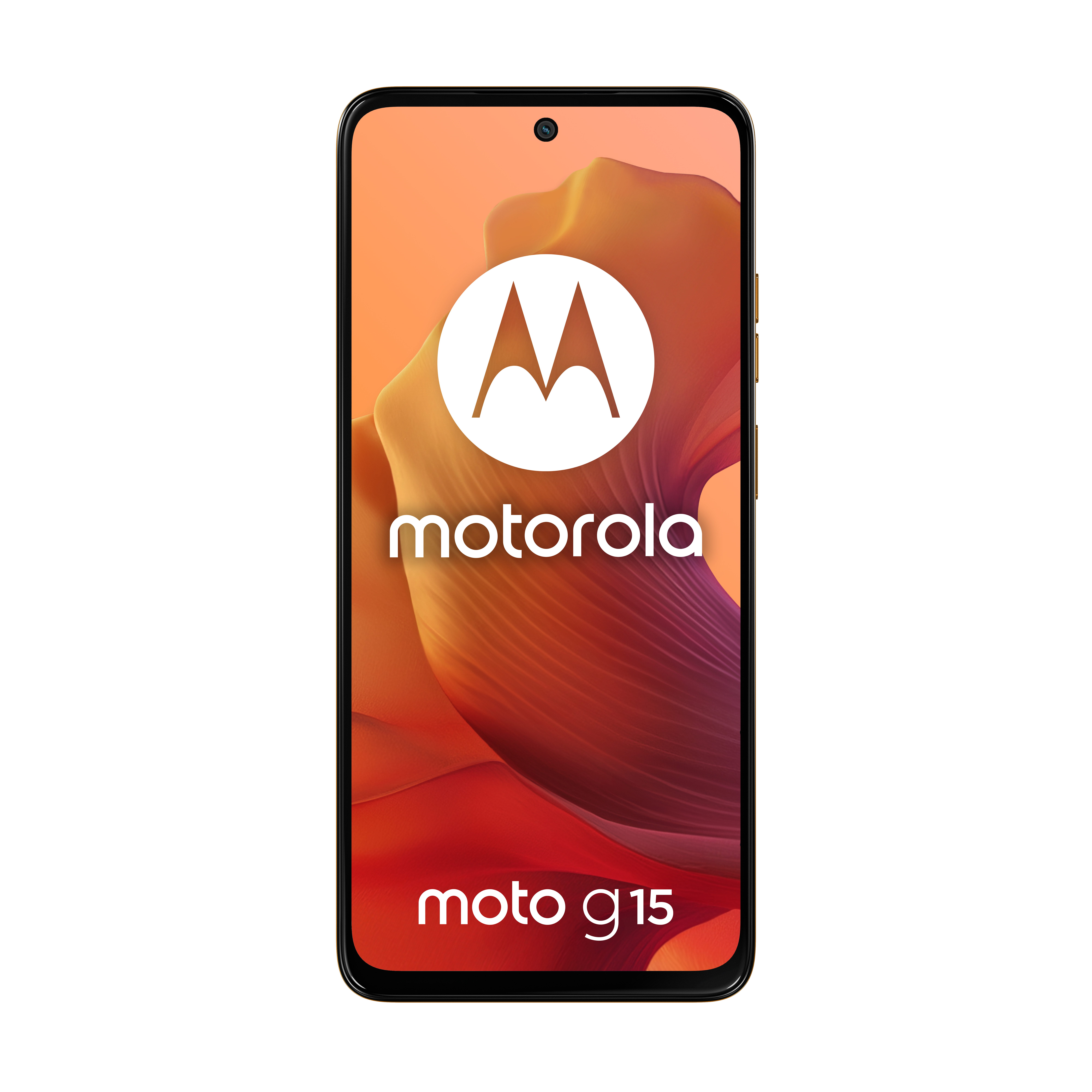 Ein Smartphone mit großem Bildschirm, das das Motorola-Logo und die Worte moto g15 zeigt.